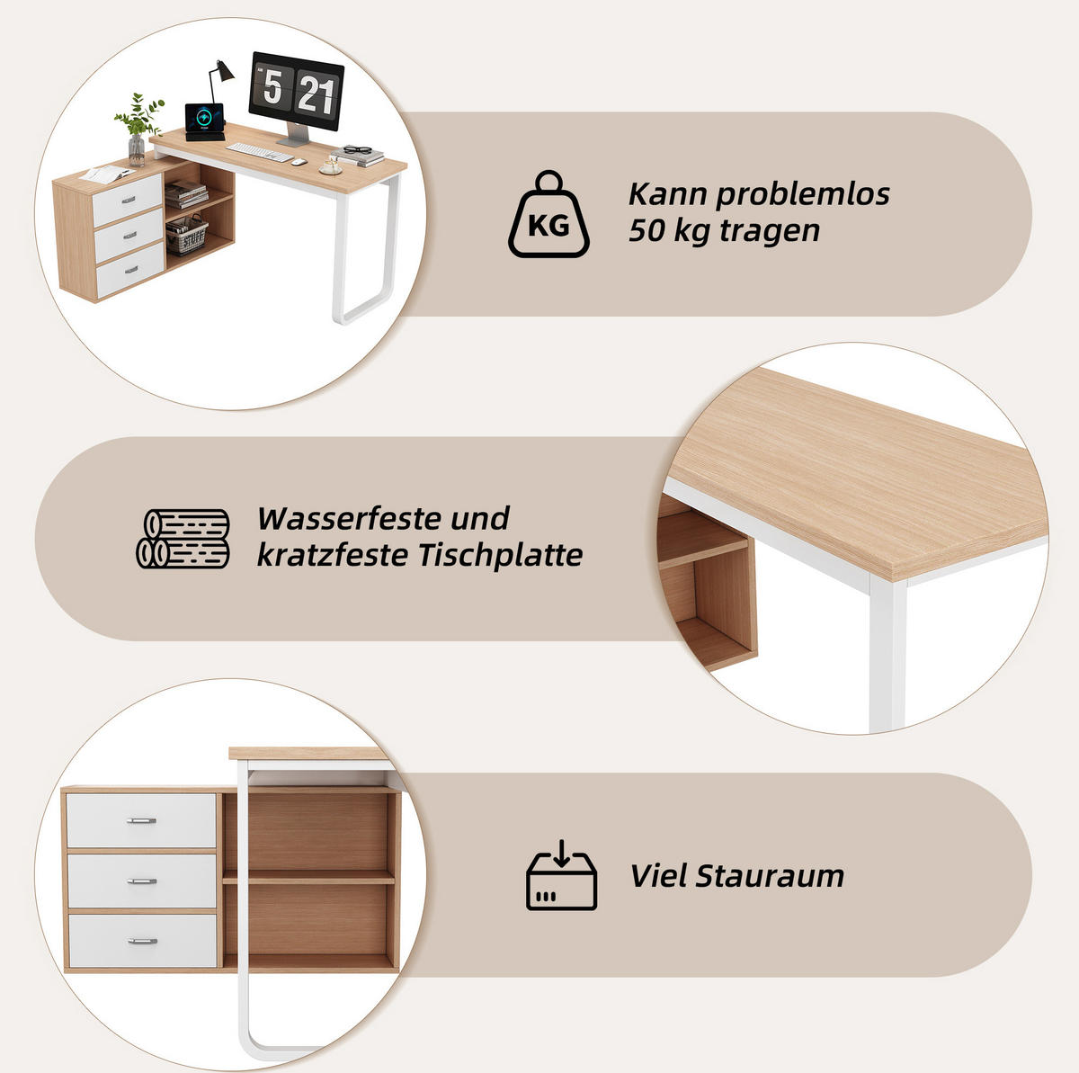 SCHREIBTISCH mit 3 Schubladen 147 x 100 x 75,3 cm MDF Metall Natural - Braun, Metall (147/100/75.3cm) - Meubliv