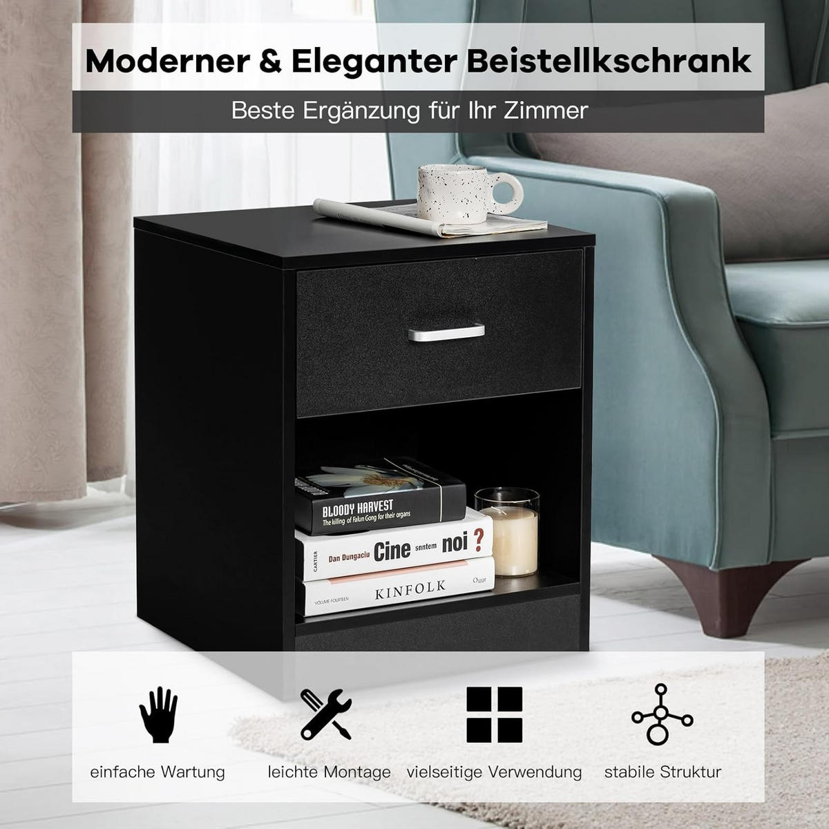 NACHTTISCH Schwarz - Schwarz, Holz (43/55/45cm) - COSTWAY