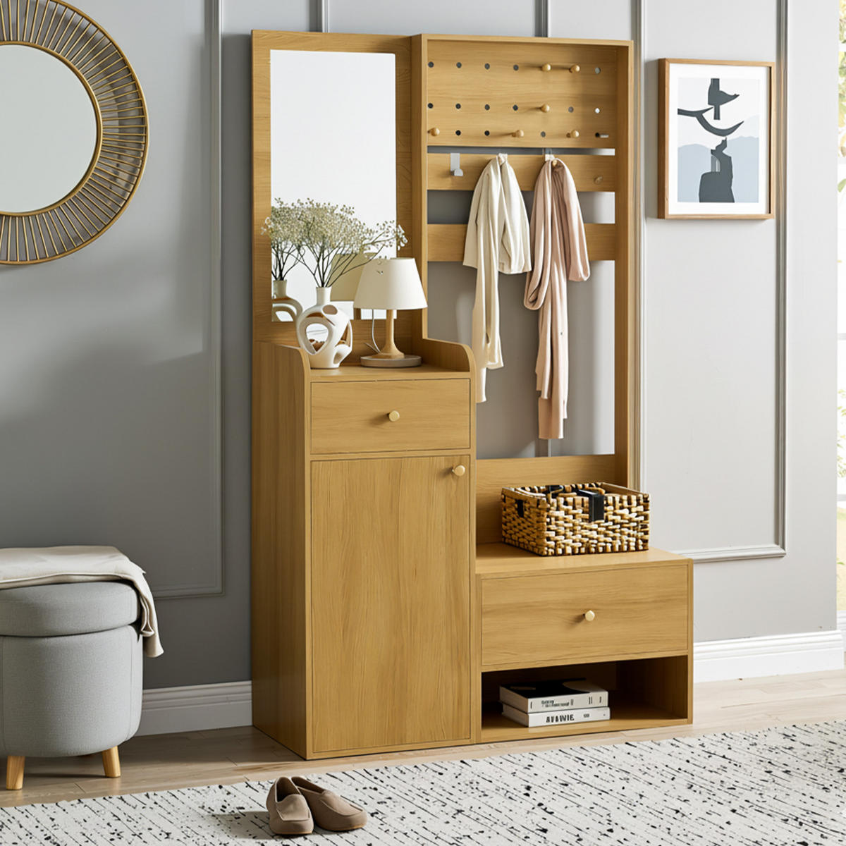 GARDEROBEN-SET 105 cm Holzoptik Natur – Kompaktgarderobe mit Spiegel, Schuhbank & flexiblem Hakenboard - Naturfarben, Holzwerkstoff (105/180/38cm) - Urban Meuble