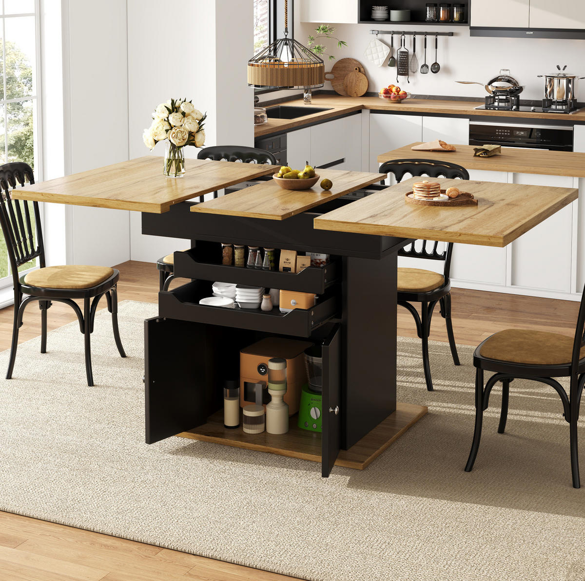 ESSTISCH 110-140x80x76 cm in Schwarz und Natur aus MDF mit Soft-Close ausziehbar - Naturfarben, Holzwerkstoff (80/140/76cm) - Modfu