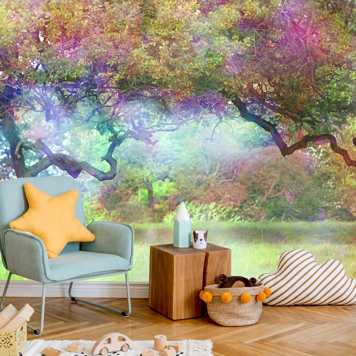 FOTOTAPETE für Kinderzimmer Magischer Bunter Wald Bäume Sträucher Blätter Pflanzen 200x140 - Gelb/Rot, Papier (200/140cm) - Muralo