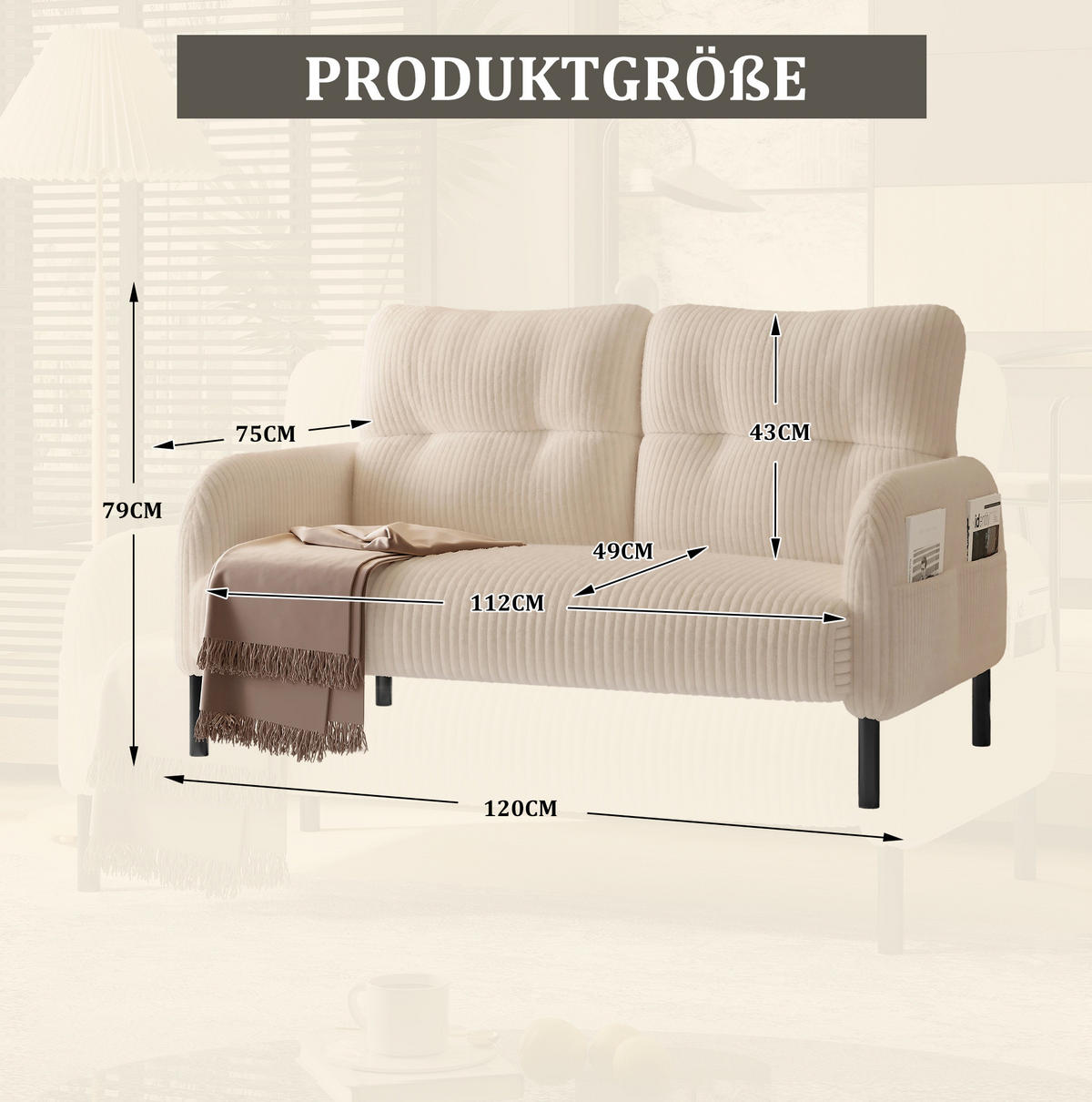 SOFA 2-Sitzer 120 x 75 x 79 cm Cord Beige mit Seitentasche - Beige, Kunststoff (120/79/75cm) - Meubliv
