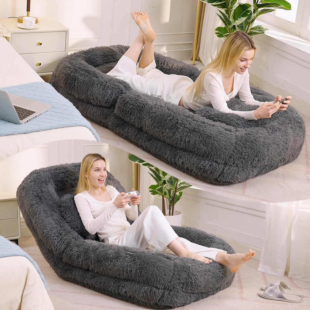 SITZSACK Plüsch Dunkelgrau klappbar und verstellbar - Dunkelgrau, Holzwerkstoff/Textil (89/42/175cm) - WISHDOR