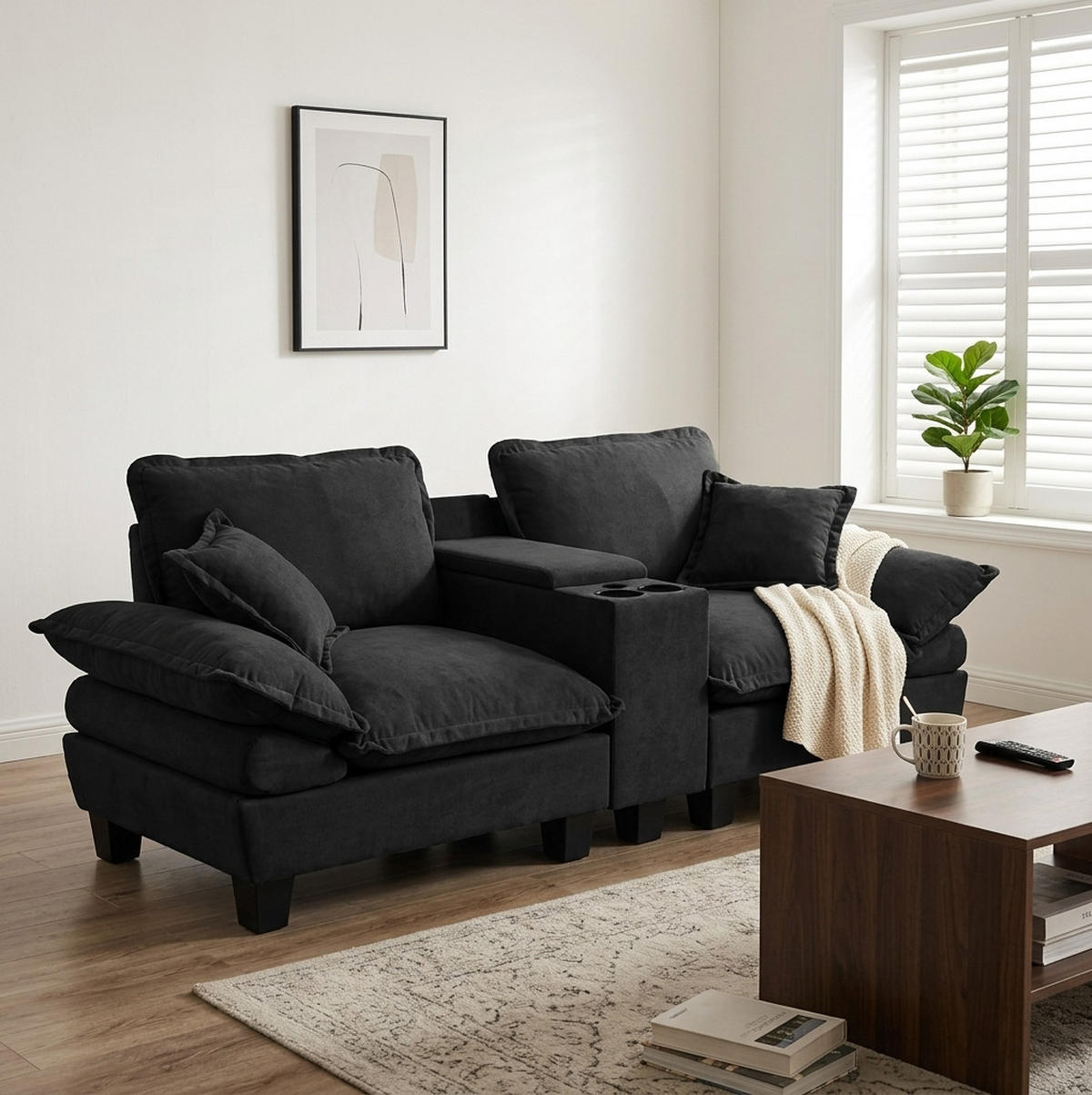 SOFA mit Stauraum und USB 224 x 82 x 90 cm Chenille Black - Schwarz, Holzwerkstoff (82/90/224cm) - Meubliv