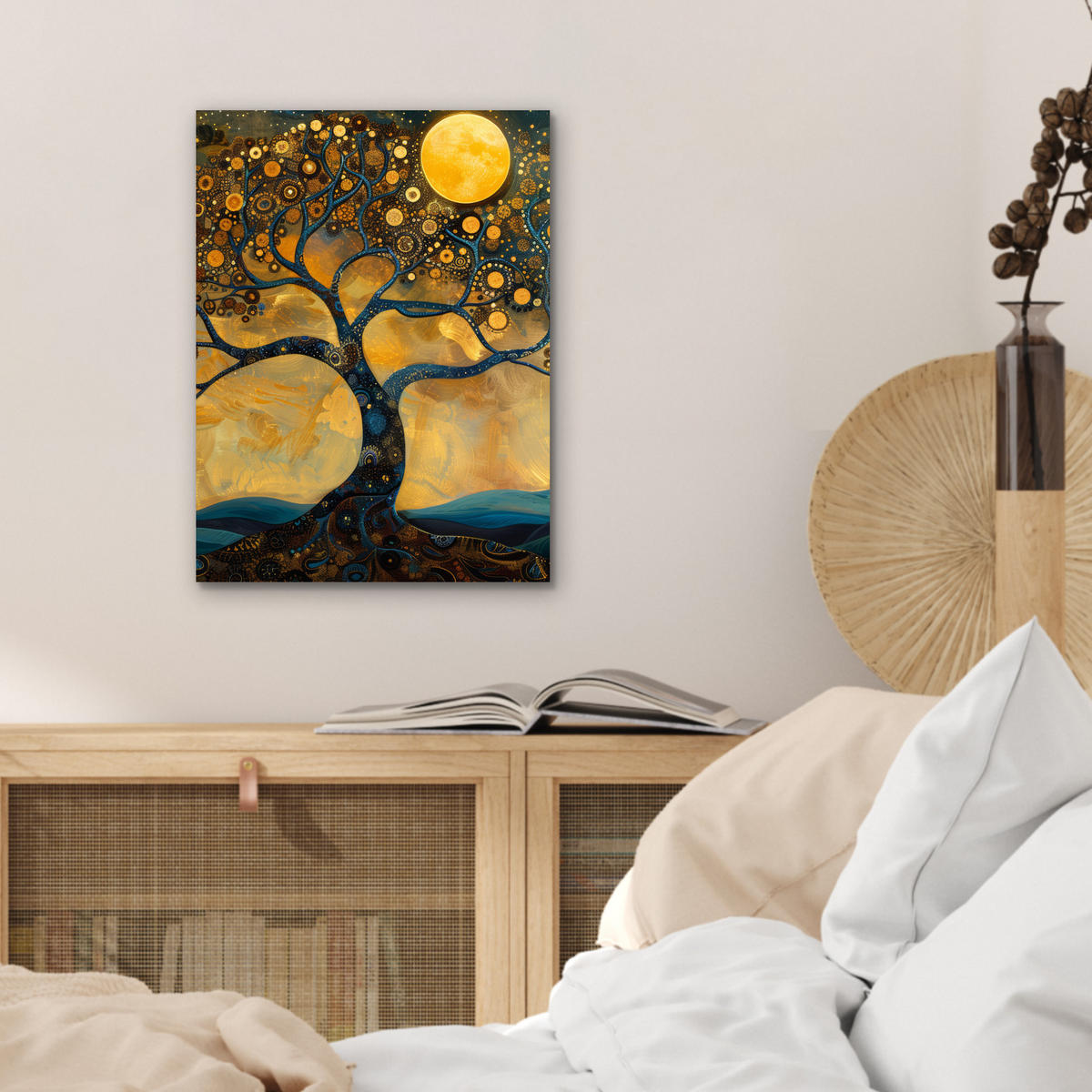 KOVOVÝ OBRAZ Strom - Mesiac - Kvety - Zlato - Umenie 30x40 cm - oranžová, kov (30/40cm) - MuchoWow