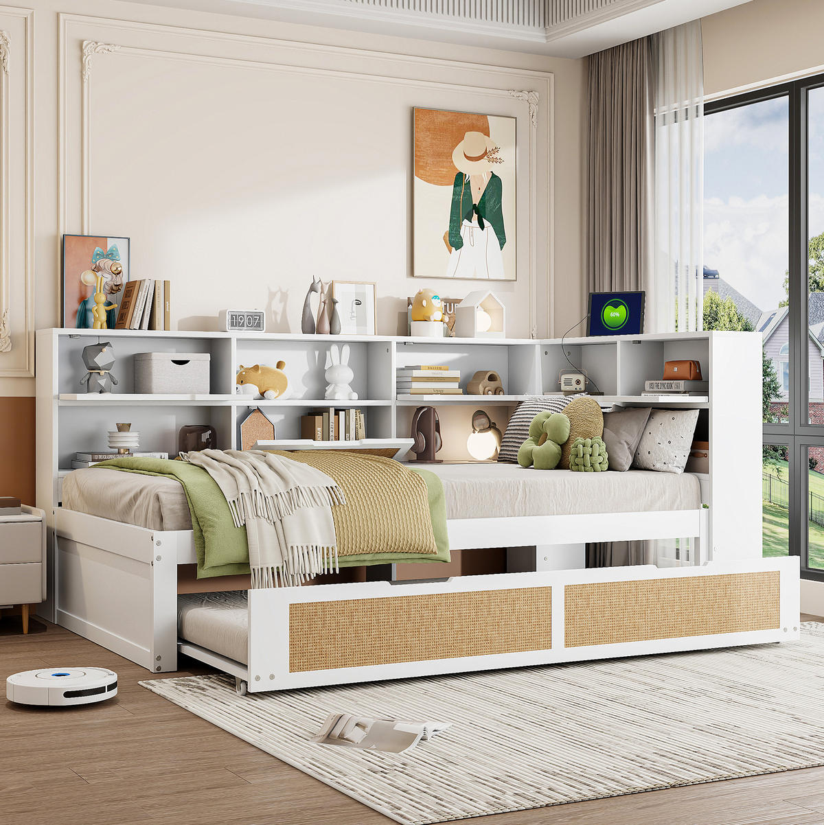 SCHLAFSOFA 90/200 cm mit Ausziehbett 90/190 cm, Stauraum und Ladeanschlüssen, Weiß - Weiß, Holzwerkstoff (225/92/116cm) - Redom