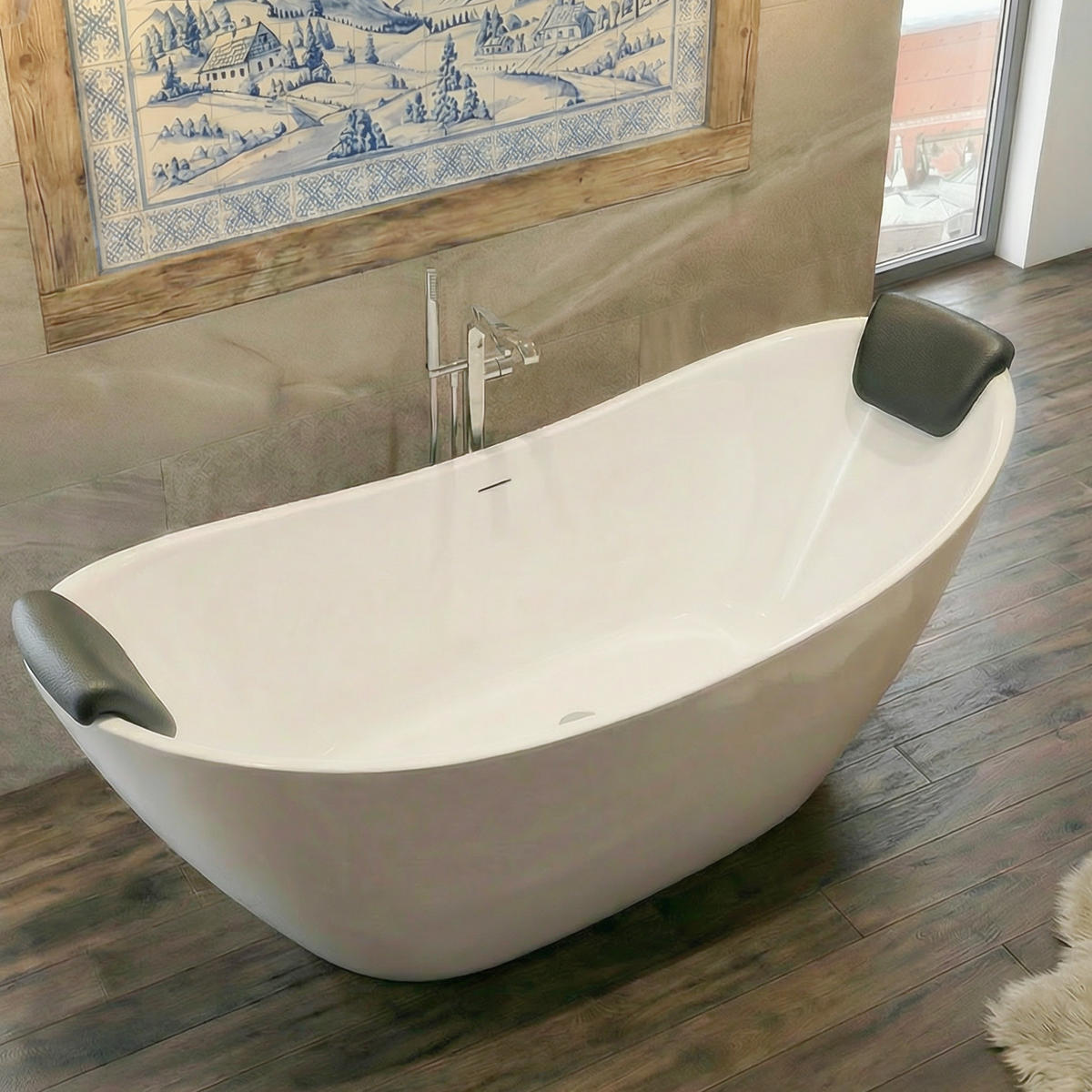 BADEWANNE ivar freistehend 180/80 cm, 4-tlg. Set 2 Kopfstützen kodi Klick-Klack-Ablauf - Weiß, Kunststoff (80/76/180cm) - bad land