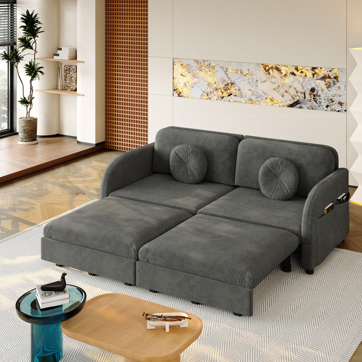 SCHLAFSOFA 166 cm Queen-Size 3-in-1 ausziehbar mit Stautaschen, DE-42860, Grau - Grau, Metall (166/90/84cm) - ComfortXL