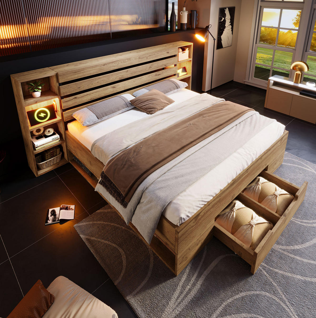 ČALOUNĚNÁ postel 252/218/90 cm, dřevo/kov, dubová s LED osvětlením a USB nabíjením - barva dubu, kov (180/200cm) - BEAOK