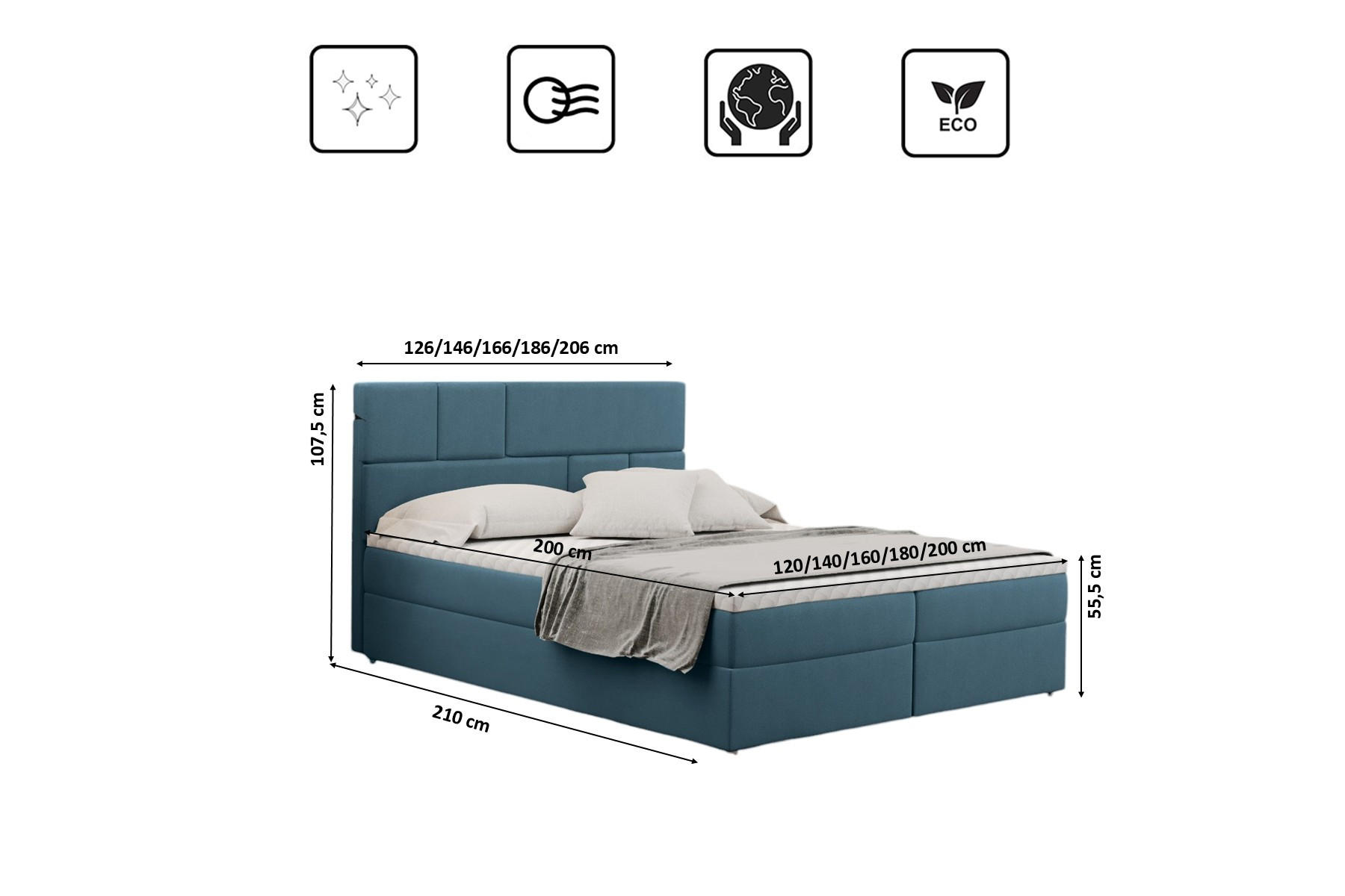 Thumbnail - Kaiser Möbel Boxbett, Hellblau, Textil, H2, Höhe ca. 20 cm, einzeln stellbar, 120x200 cm, Schlafzimmer, Betten, Boxsprin...