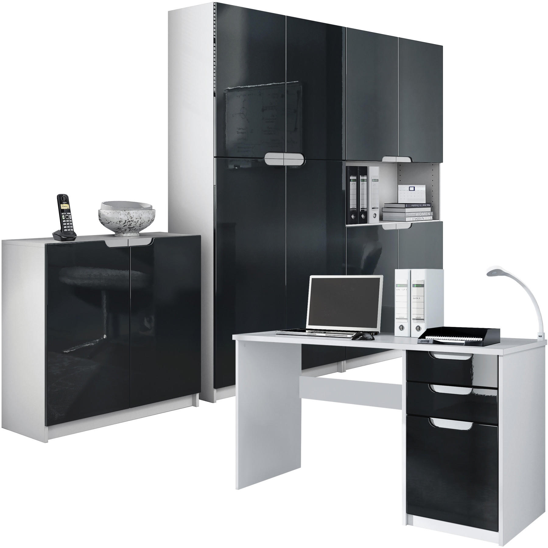 BÜROMÖBELSET Logan Fronten in Schwarz Hochglanz - Schwarz Hochglanz, Holzwerkstoff (246/185/60cm) - Vladon