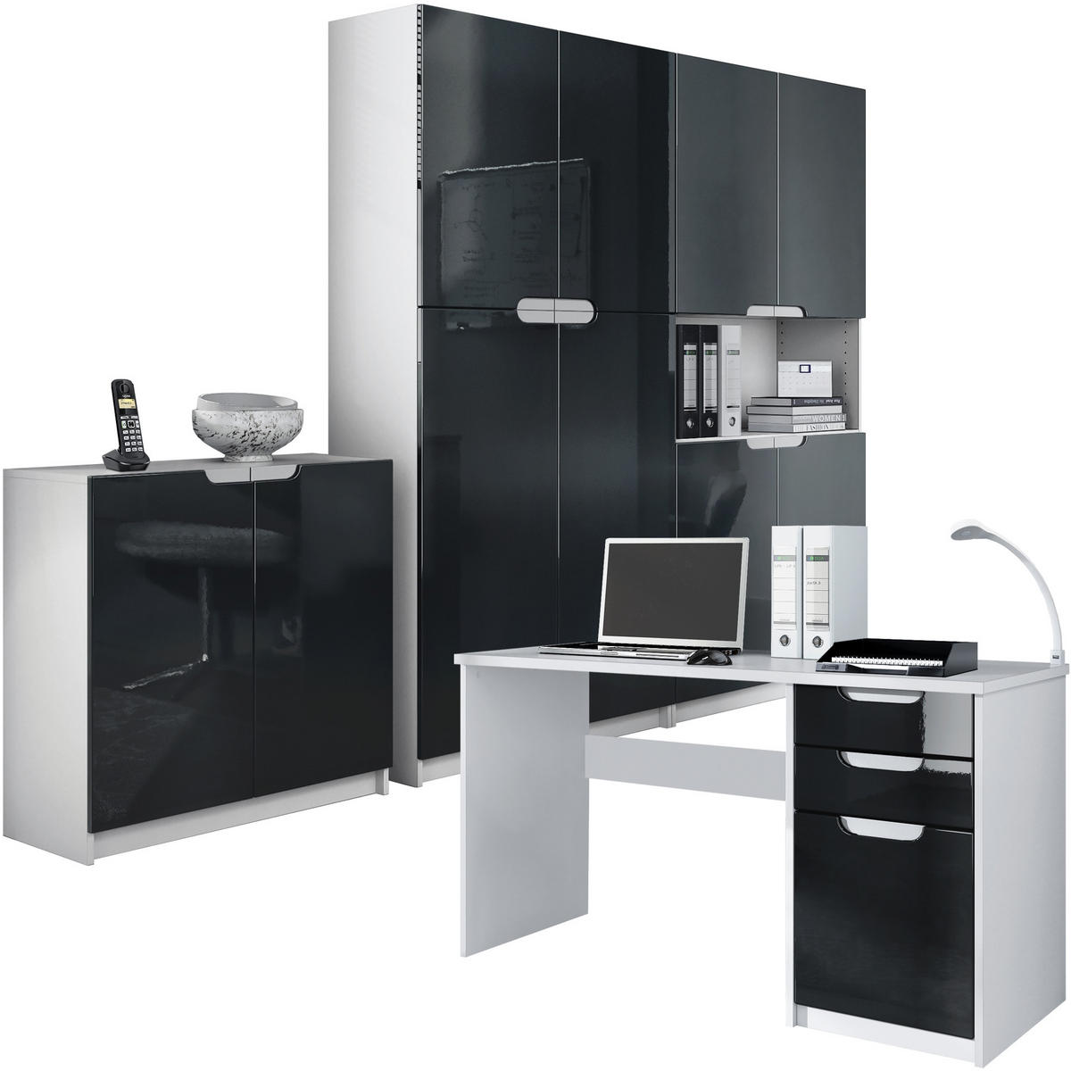 BÜROMÖBELSET Logan Fronten in Schwarz Hochglanz - Schwarz Hochglanz, Holzwerkstoff (246/185/60cm) - Vladon