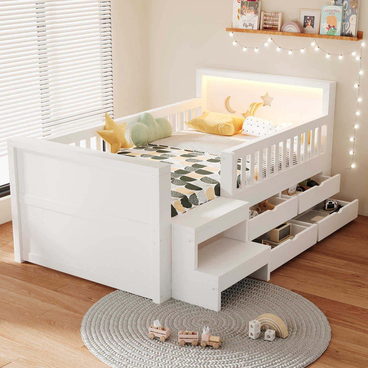 KINDERBETT Holz 90x200 cm Weiß mit LED, Sicherheitsgitter, Stufen und 4 Schubladen - Weiß, Holz (90/200cm) - Modfu