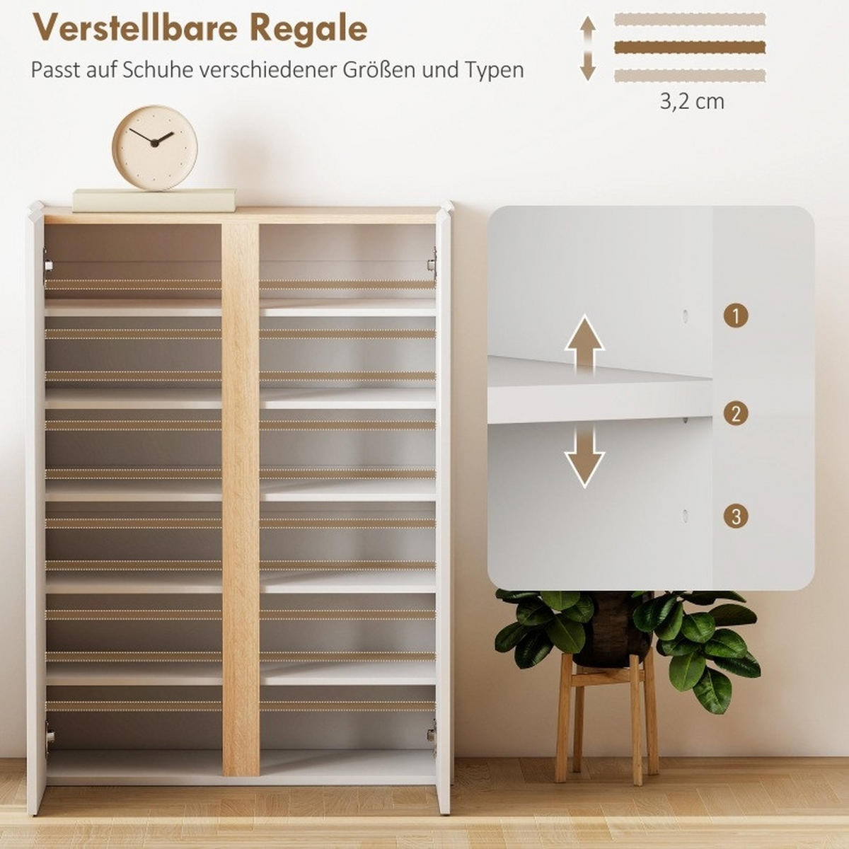 SCHUHSCHRANK 70/35/95 cm weiß aus Holz mit Soft-Close-Türen und verstellbaren Regalböden - Weiß, Holz (70/95/35cm) - OKWISH