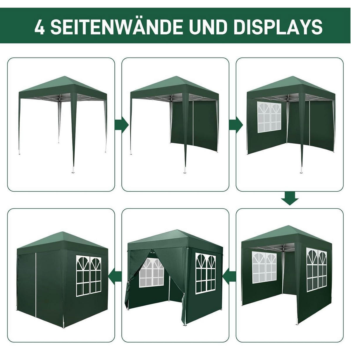 FALTPAVILLON 2 x 2 m Grün UV-Schutz 50+ Wasserdicht Höhenverstellbar mit 4 Seitenteilen - Grün, Textil (200/255/200cm)