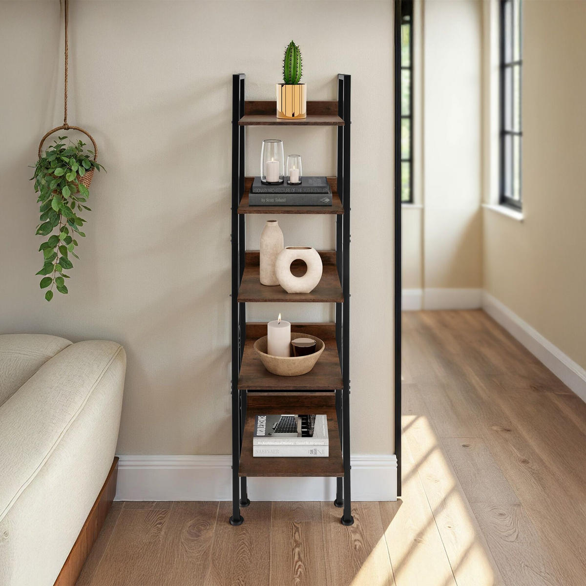 LEITERREGAL Folkestone,inklusive Kippschutz, 35,5 x 31,5 x 170,5 cm,Industrial Holz dunkel, rustikal - Rostfarben, Holzwerkstoff (31.5/170.5/35.5cm) - tectake