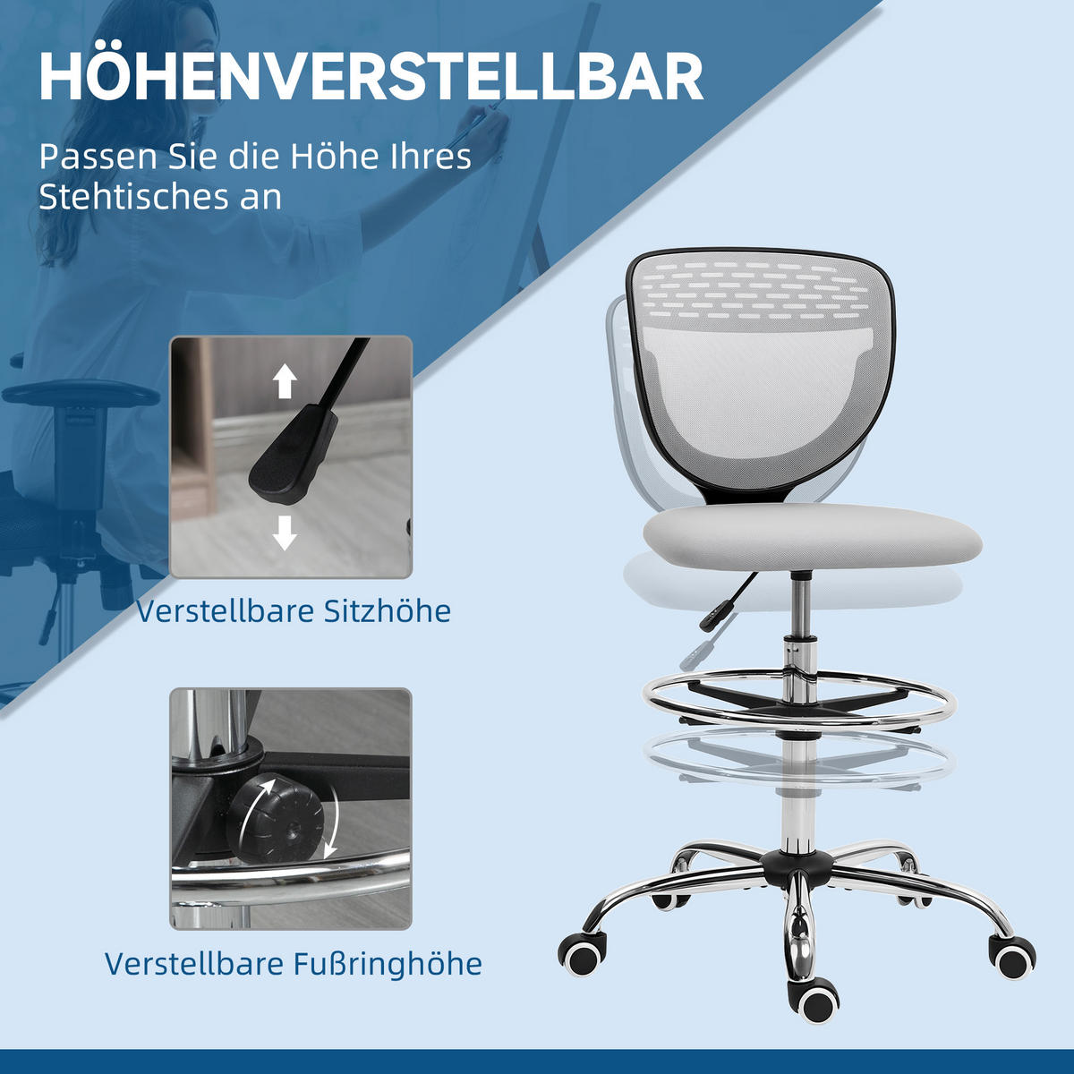 BÜROSTUHL Polyester Hellgrau - Hellgrau, Textil (59/126/59cm) - Vinsetto