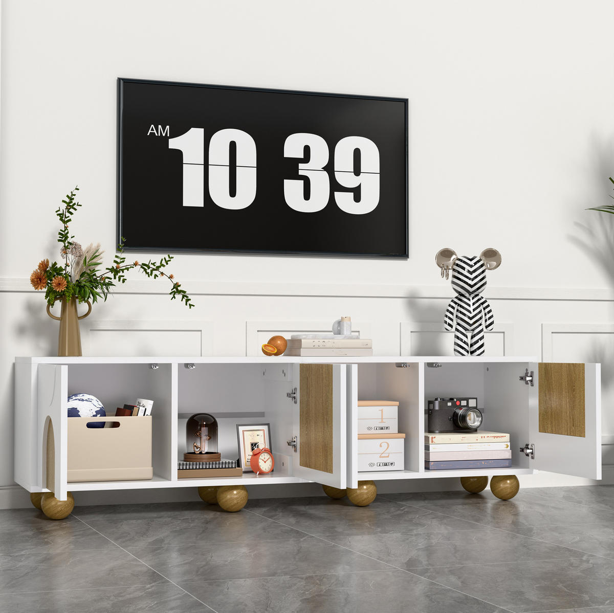 TV-SCHRANK in Natur/Weiß mit 4 Türen und Holzbeinen 175/38/50 cm - Weiß, Holzwerkstoff (175/50/38cm) - Redom