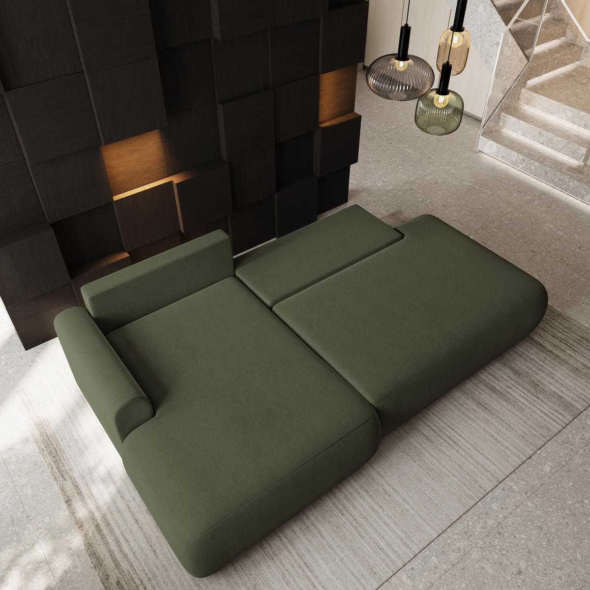 ECKSOFA NUVIRA CL L-S Olivgrün Samtstoff mit Schlaffunktion - Olivgrün, Holzwerkstoff/Textil (279/158cm) - MASSENO