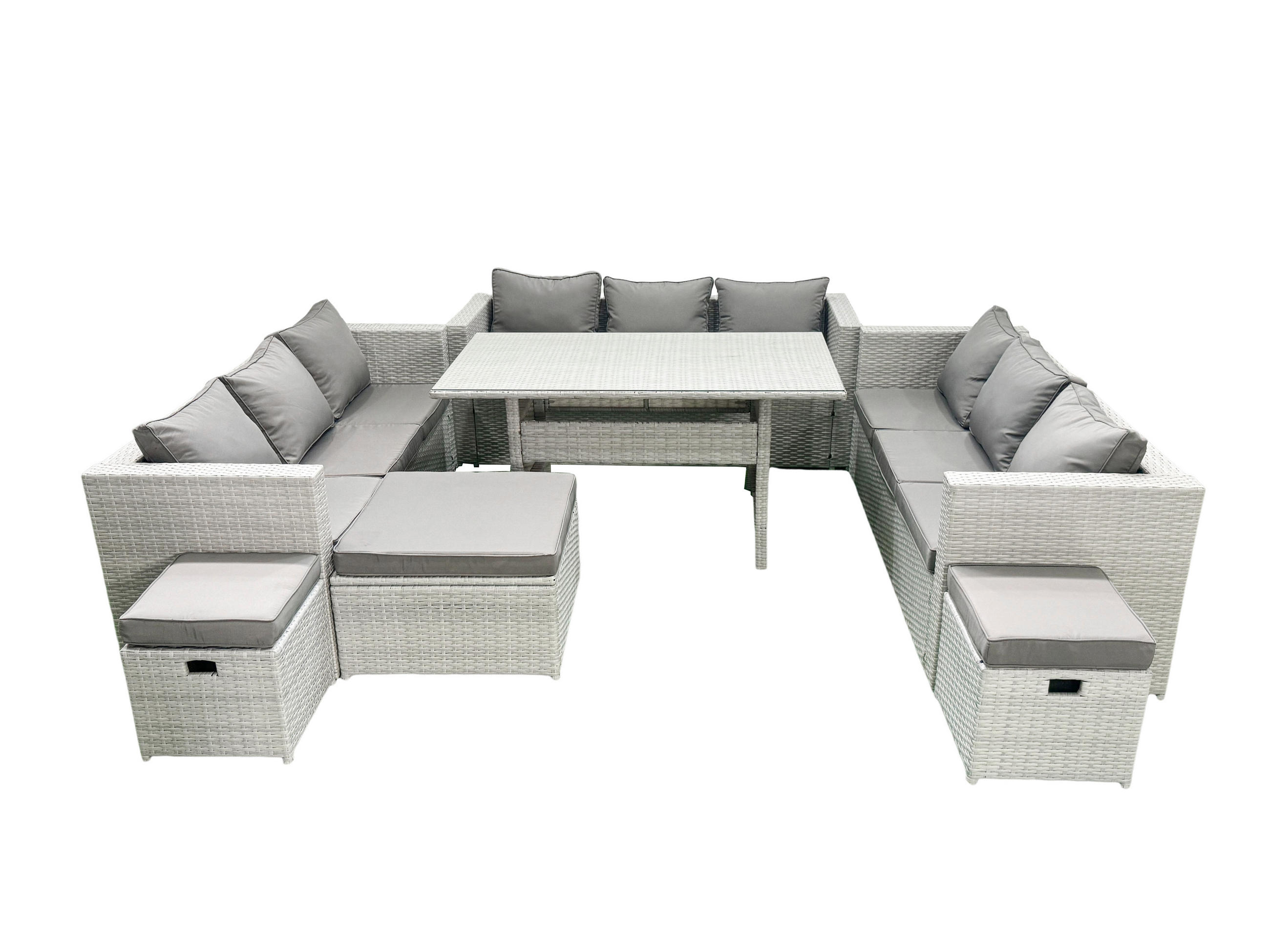 GARTENSET mit Esstisch,Sofa,3 Fußhocker Polyrattan Hellgrau 12-Sitzer - Hellgrau/Grau, Glas/Kunststoff - Fimous