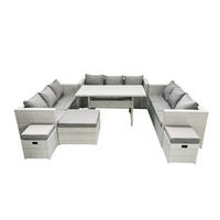 GARTENSET mit Esstisch,Sofa,3 Fußhocker Polyrattan Hellgrau 12-Sitzer - Hellgrau/Grau, Glas/Kunststoff - Fimous