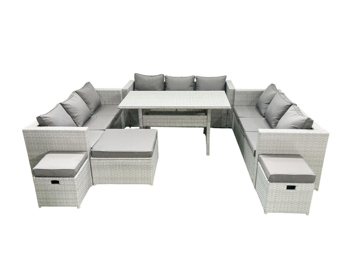 GARTENSET mit Esstisch,Sofa,3 Fußhocker Polyrattan Hellgrau 12-Sitzer - Hellgrau/Grau, Glas/Kunststoff - Fimous