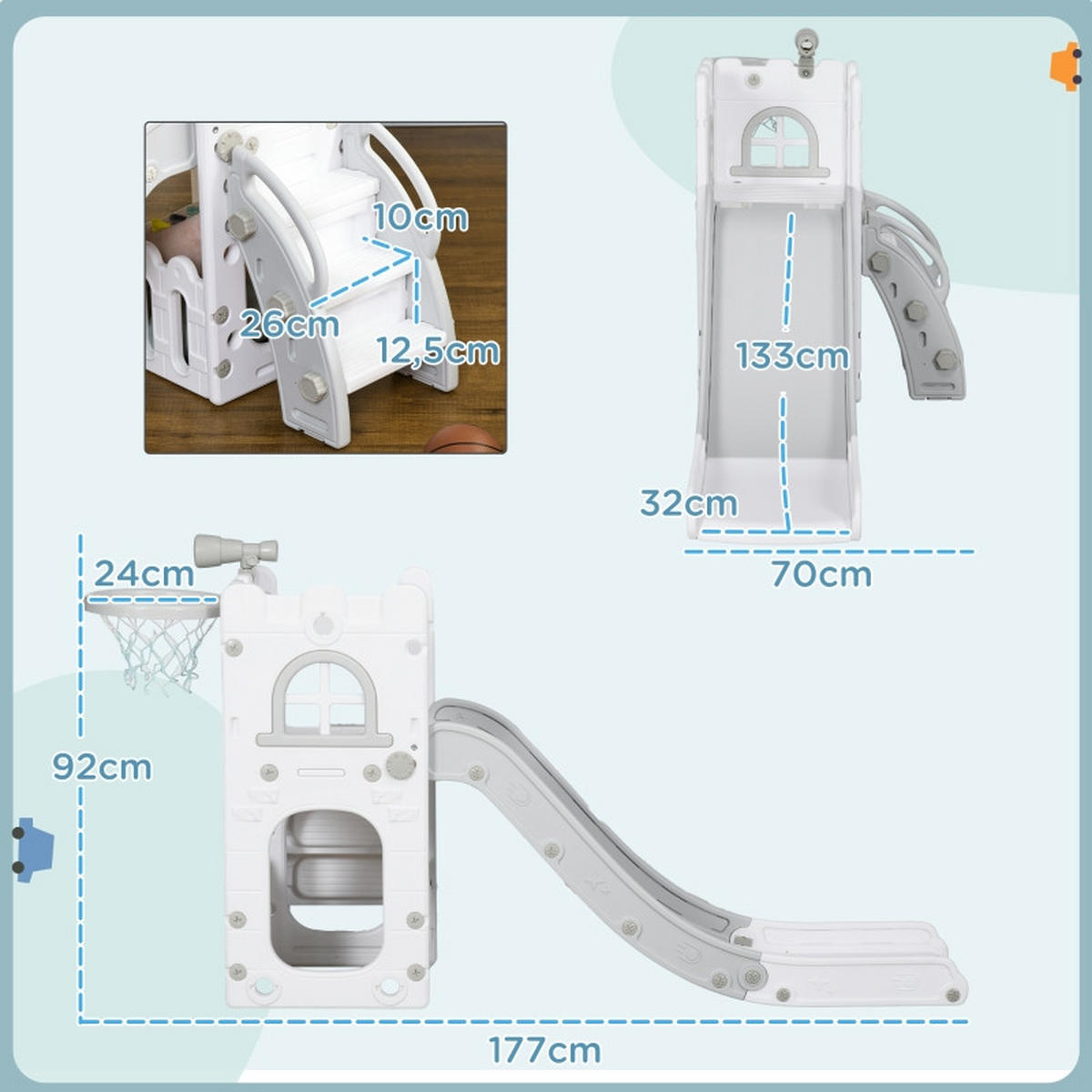 KINDERRUTSCHE 5-in-1 mit Klettergerüst und Basketballkorb Grau 70 x 177 x 92 cm - Grau, Kunststoff (70/92/177cm) - Korfee