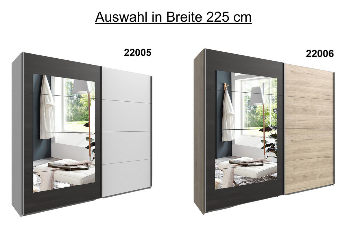 SCHWEBETÜRENSCHRANK 2-türig B225/H208/T65 cm in Eichen-Dekor mit Absetzungen in grauer Stahl-Optik / 22002 - Eichefarben/Alufarben, Holzwerkstoff/Metall (225/208/65cm) - luma-home