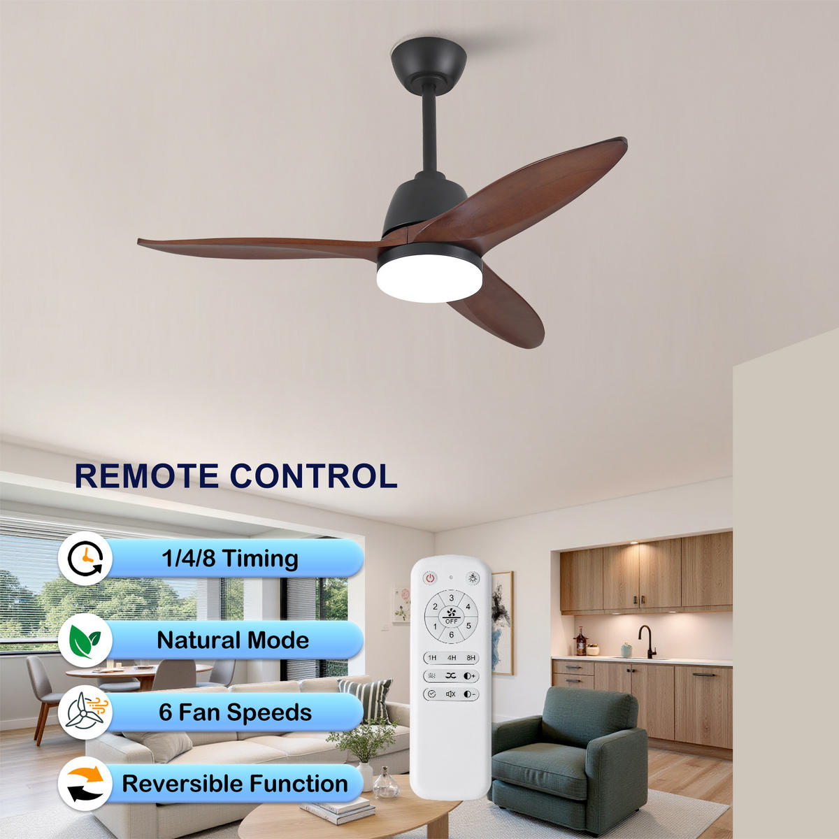 DECKENVENTILATOR DE-16250 36 Zoll mit Steuergriff & LED Naturholz - Walnussfarben, Holz (107/107/45cm) - ComfortXL