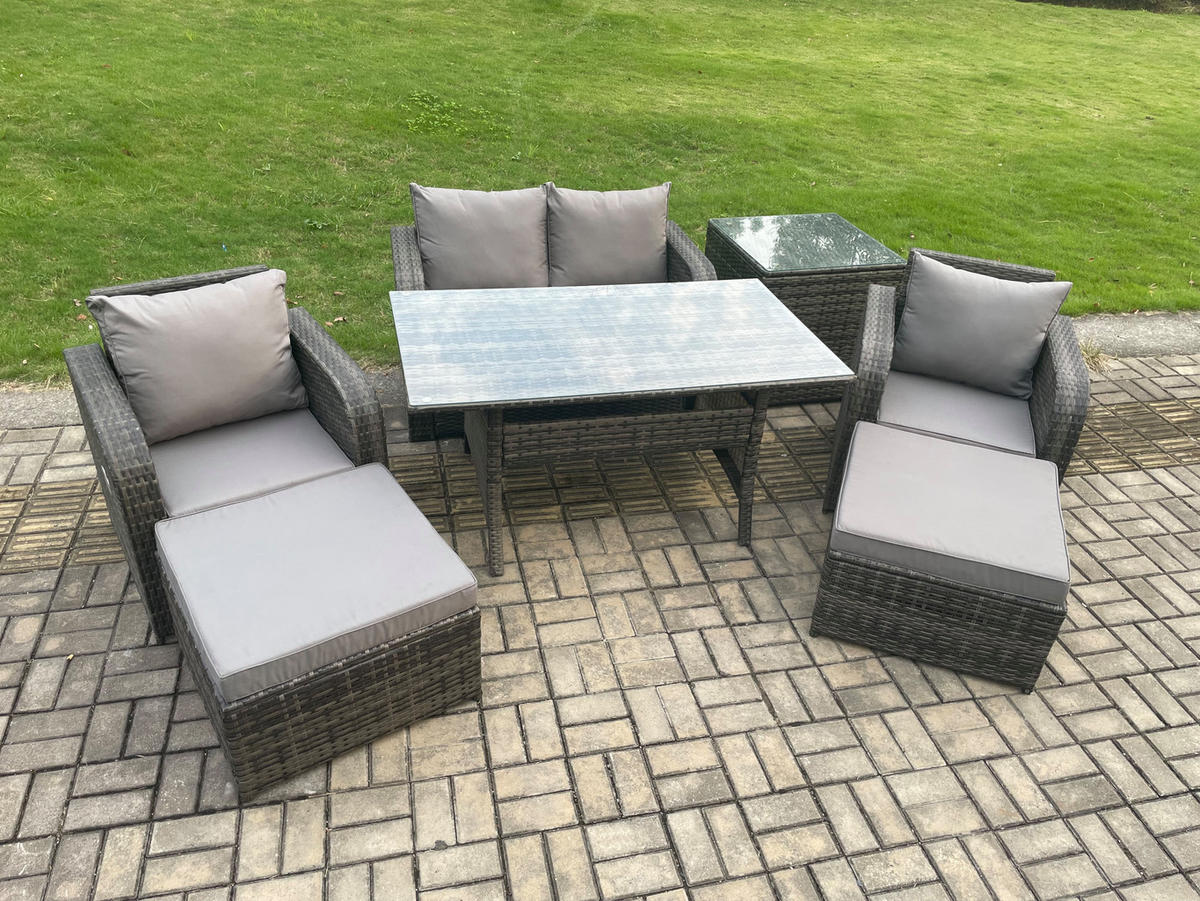 GARTENMÖBEL SET mit Hocker,Beistelltisch,Zweisitzer Polyrattan 6-Sitzer - Dunkelgrau/Grau, Glas/Kunststoff - Fimous