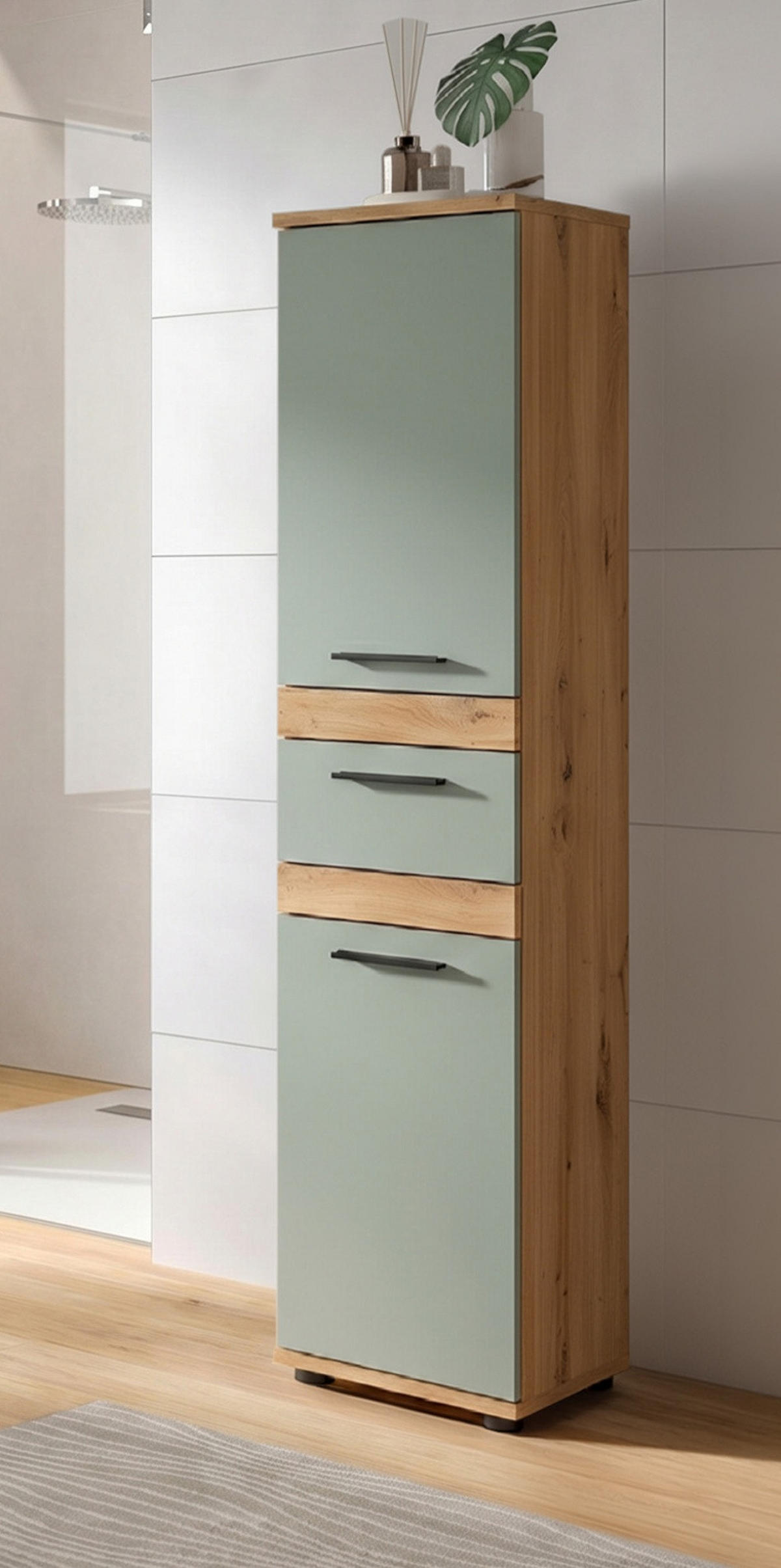 MIDISCHRANK Salbei, Artisan Eiche 35 x 137 cm, Badschrank in modernem Design - Salbeigrün/Schwarz, Holzwerkstoff/Kunststoff (35/137/31cm) - Inn.Furn