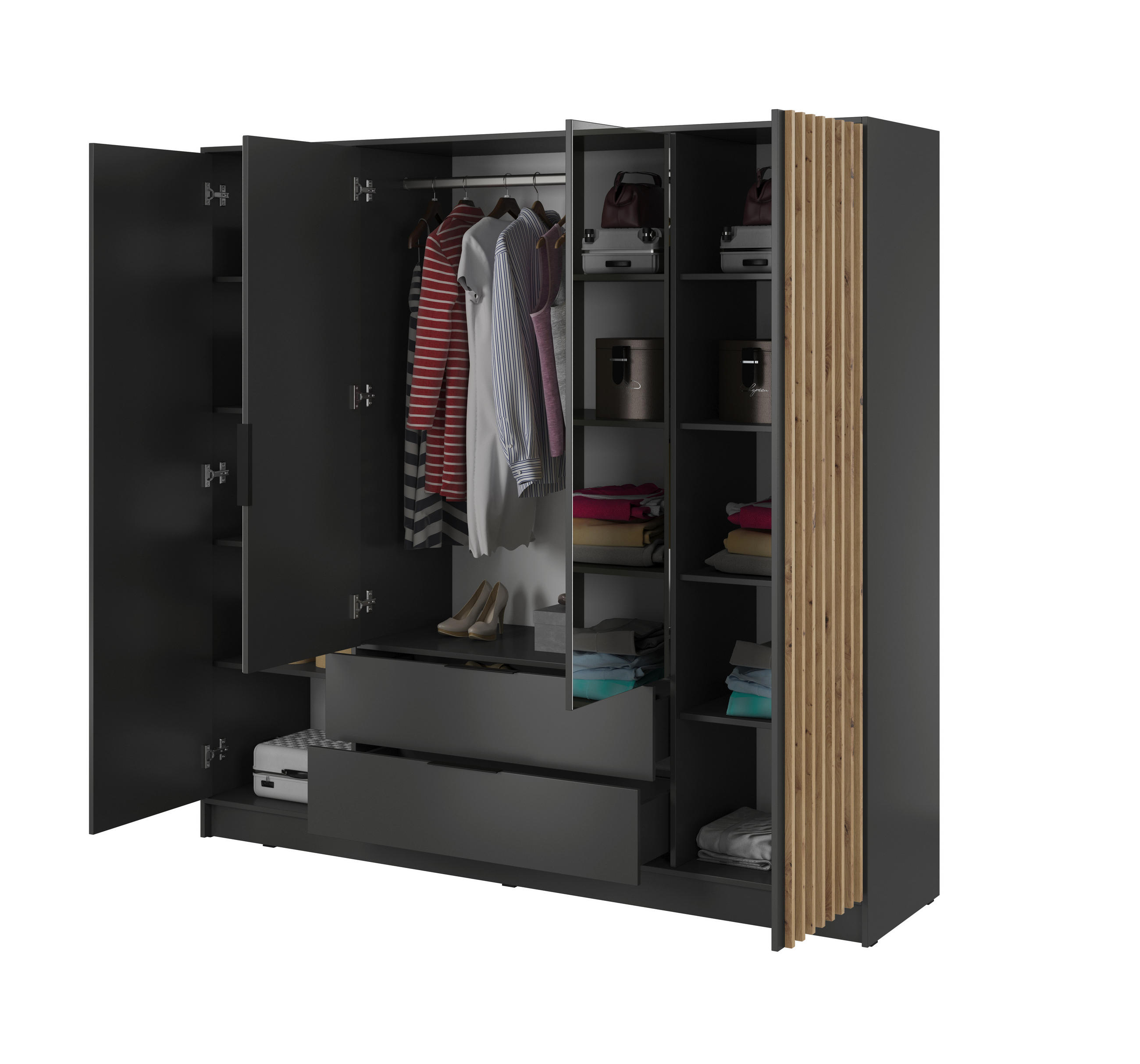 DREHTÜRENSCHRANK NELIANA 206/200/51 cm 4-türig mit Spiegel Graphitfarben - Graphitfarben, Holzwerkstoff (206/200/51cm) - MASSENO