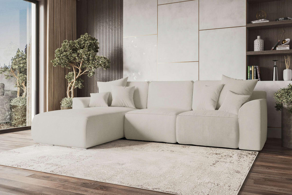 ECKSOFA GUSTO Cordstoff Greige Links inkl. Schlaffunktion - Chromfarben/Greige, Kunststoff/Textil (295/194cm) - 99rooms