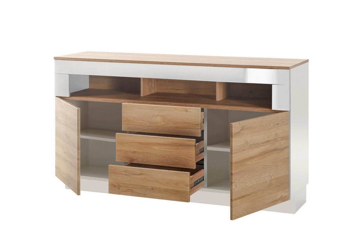 SIDEBOARD M14 Weiß Hochglanz & Grandson Oak hell 149/85/43 cm mittel - Eichefarben/Weiß Hochglanz, Holzwerkstoff (149/85/43cm) - Livojo