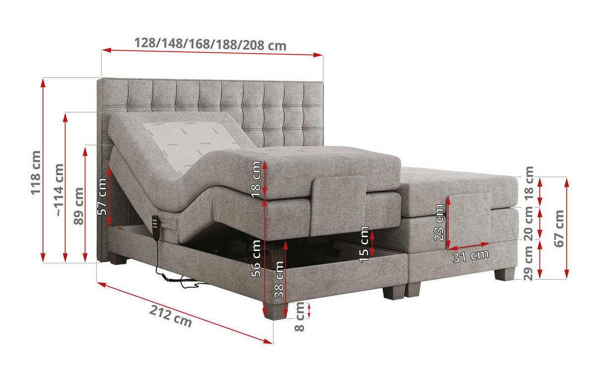 BOXBETT ELEKTRO 200/200 Hellgrau Struktur - H4 - Hellgrau, Holz/Textil (200/200cm) - MKS