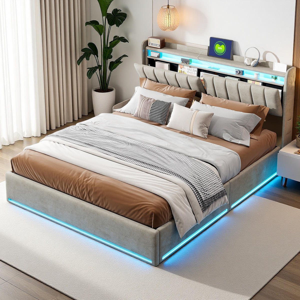 POLSTERBETT 140x200 cm LED USB Stauraum Lattenrost Samt grau - Grau, Holz (140/200cm) - Fortuna Lai
