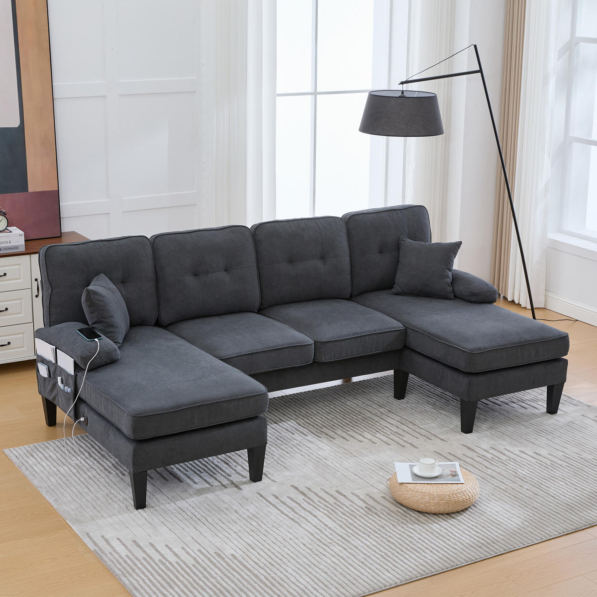 WOHNLANDSCHAFT 250/130/88 cm Dunkelgrau Leinen mit Aufbewahrungsfach und USB/Type-C-Ladeanschluss - Dunkelgrau, Textil (250/88/130cm) - Oxeza