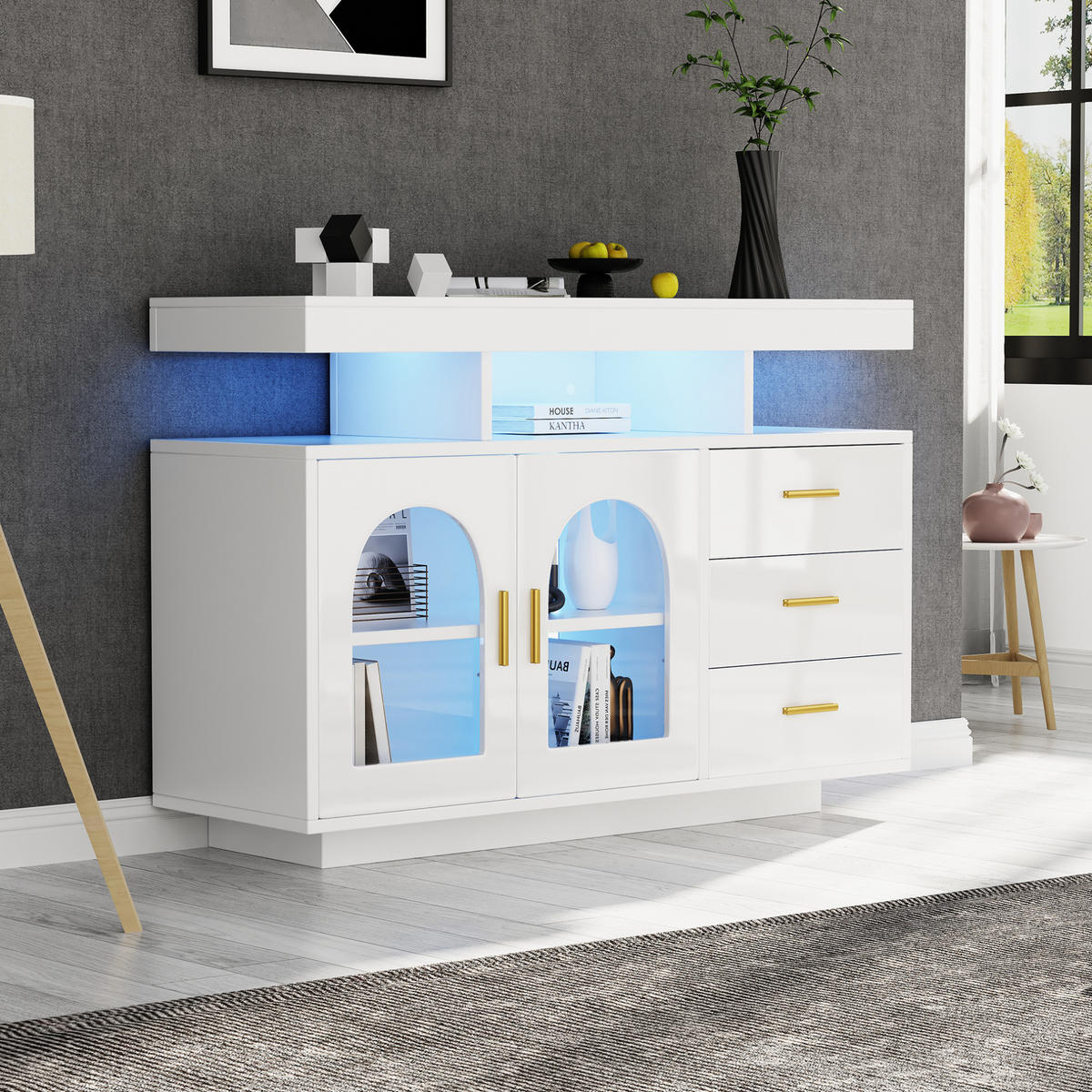 SIDEBOARD 120/40/80 cm in Weiß mit LED-Beleuchtung und Hochglanzfronten - Weiß, Holzwerkstoff (120/80/40cm) - Flora Grace