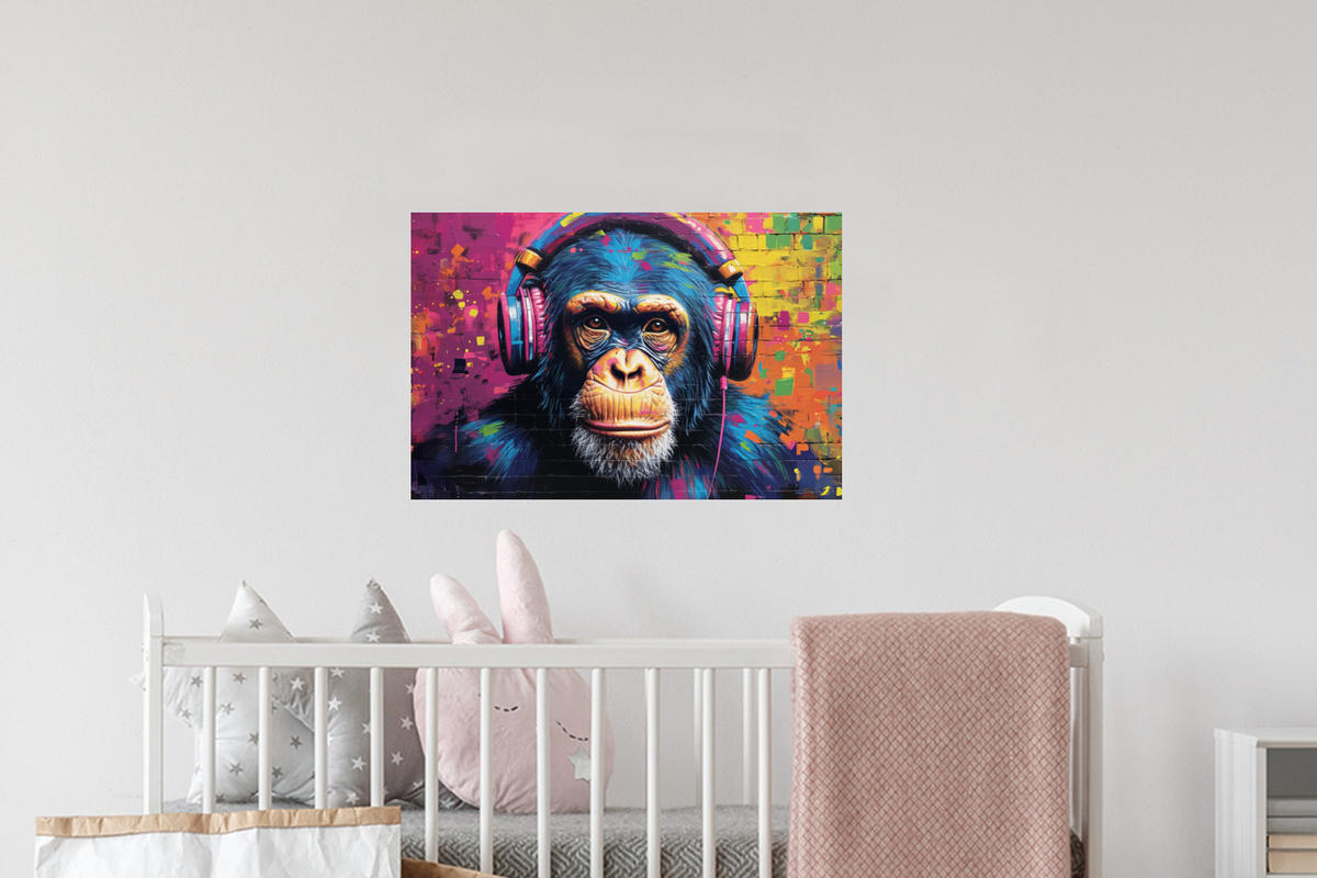 WANDTATTOO Graffiti - Schimpanse - Straßenkunst - Kopfhörer - Affe 60x40 cm - Blau, Kunststoff (60/40/0.1cm) - MuchoWow
