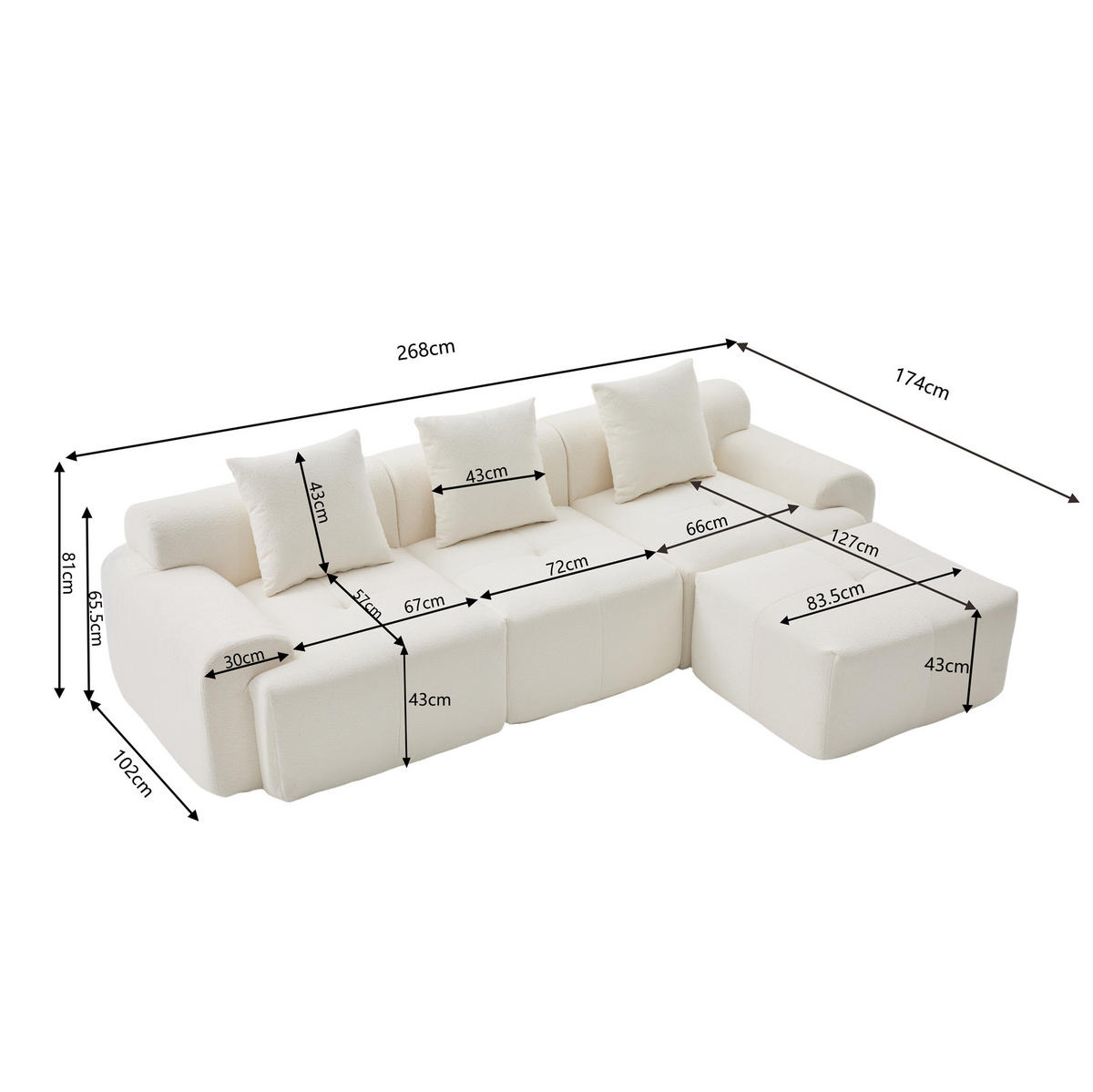 ECKSOFA 268/102/78 cm Beige aus Kordstoff modular ohne Montage - Beige, Textil (100/97cm) - OKWISH