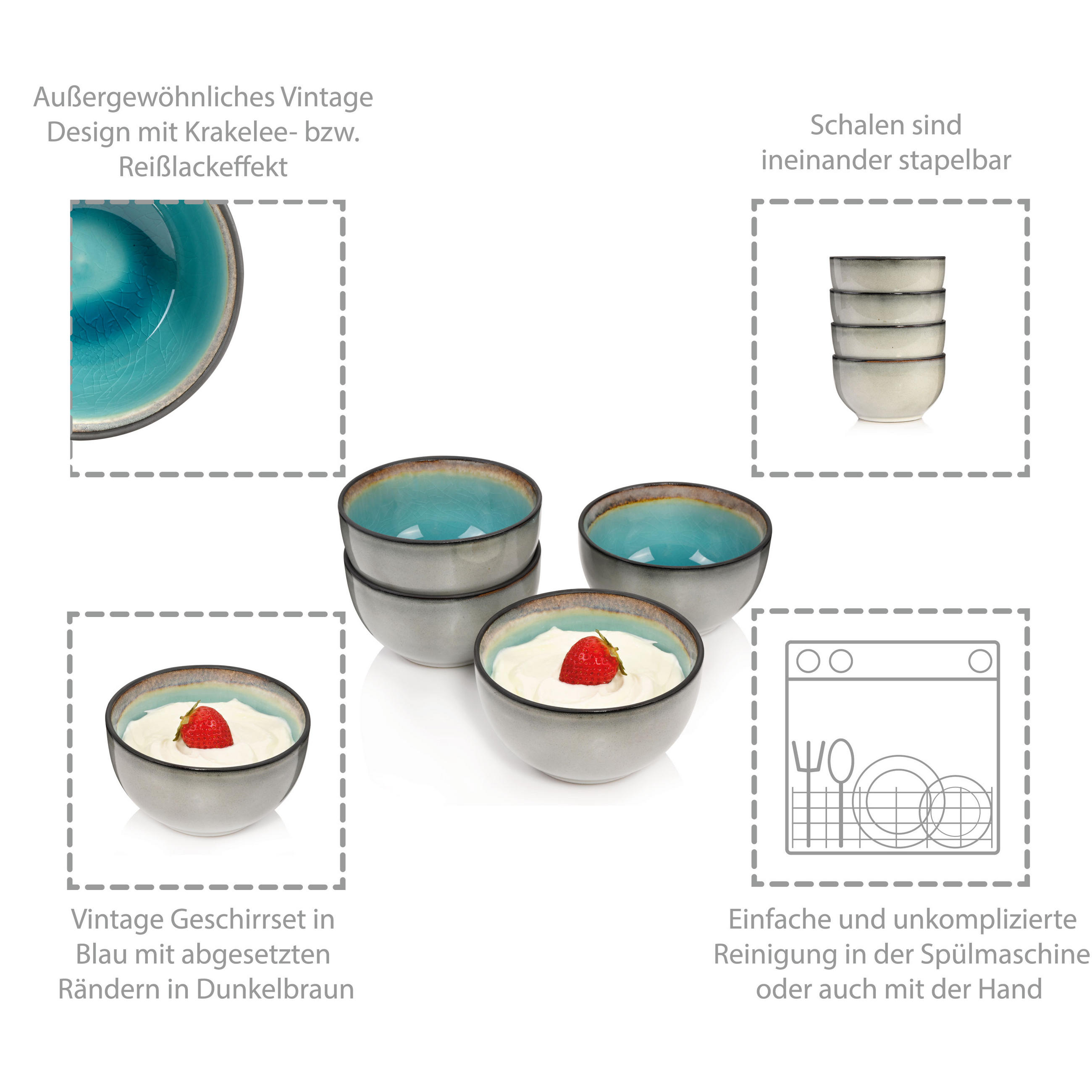 DESSERTSCHALEN SET CAPRI - 4 teilig aus Steingut - Pastellblau, Keramik (12cm) - Sänger