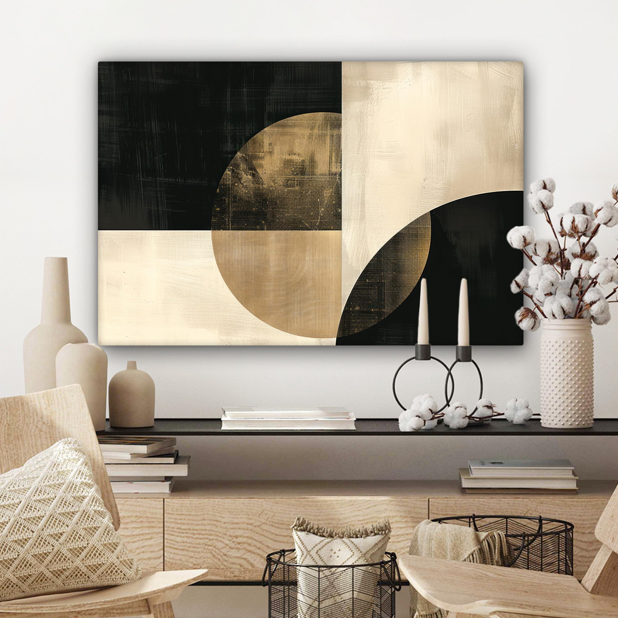 LEINWANDBILD Abstrakt - Geometrische Formen - Schwarz - Gold Gemälde 60x40 cm - Ecru, Textil (60/40cm) - MuchoWow