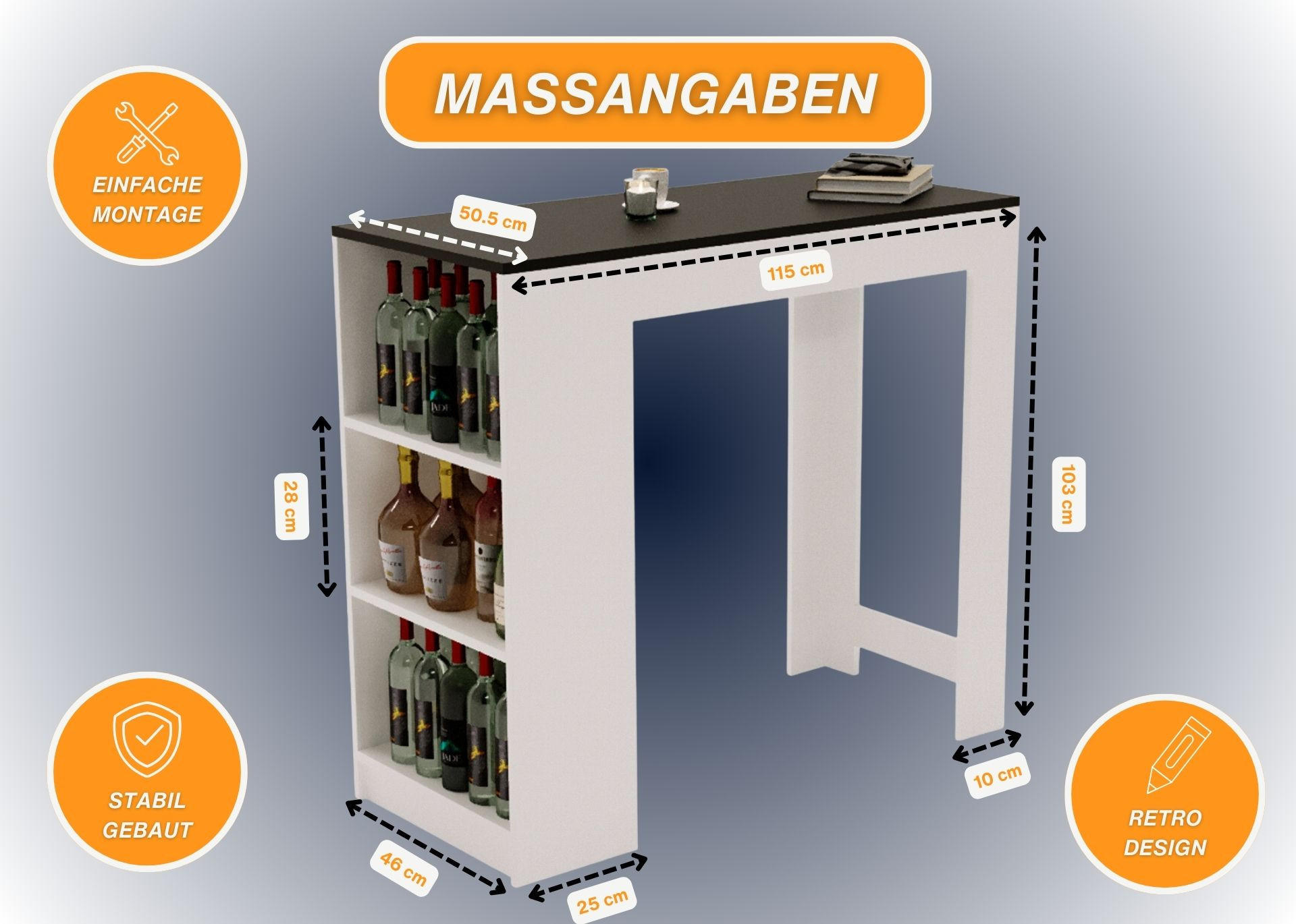 BARTISCH Schwarz 103/50.5/115cm - Schwarz/Weiß, Holzwerkstoff (115/103/50.5cm) - CraftPAK