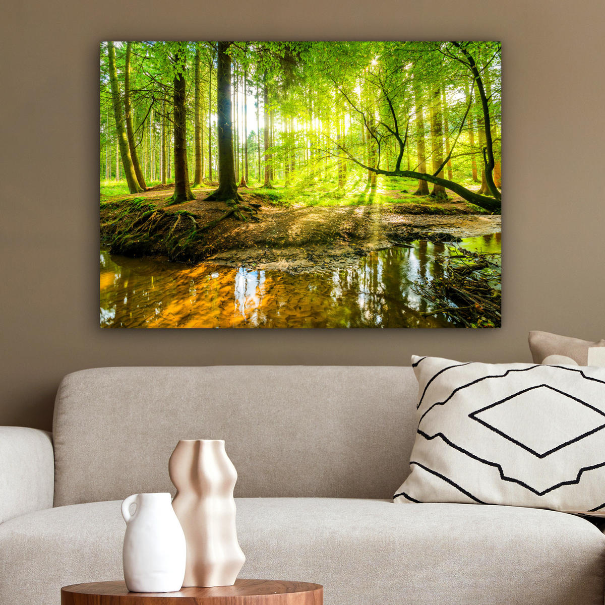 LEINWANDBILD Wald - Landschaft - Wasser - Bäume - Sonne - Grün - Natur Wandbilder 80x60 cm - Grün, Textil (80/60cm) - MuchoWow