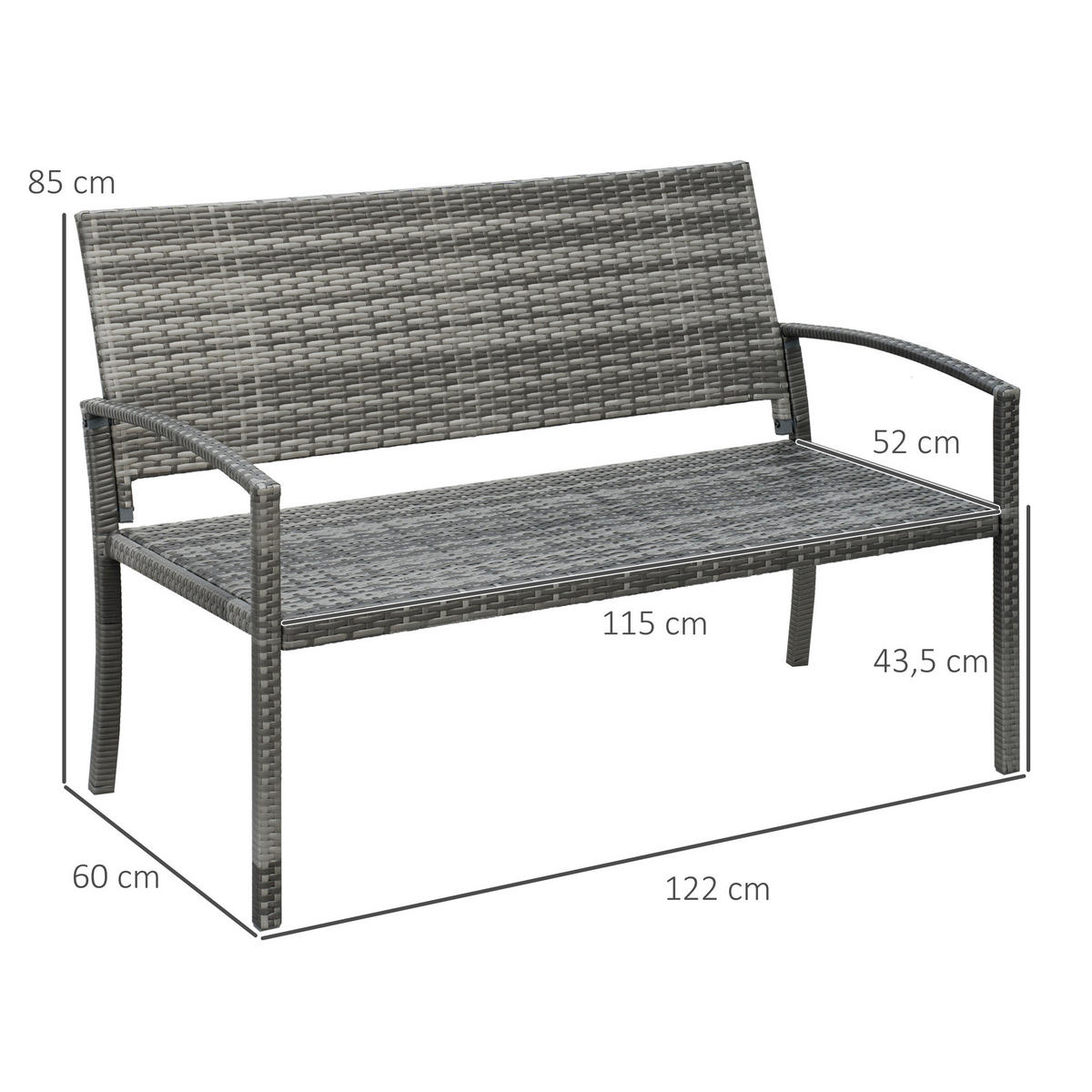 GARTENBANK mit Stahlrahmen für 2 Personen, bis 240 kg Belastbar, Grau, 122 x 60 x 85cm - Grau, Kunststoff (60/85/122cm) - Outsunny