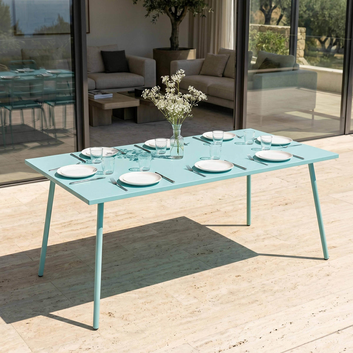 GARTENTISCH , Türkisblau - Türkis, Metall (180/90/72cm) - Oviala