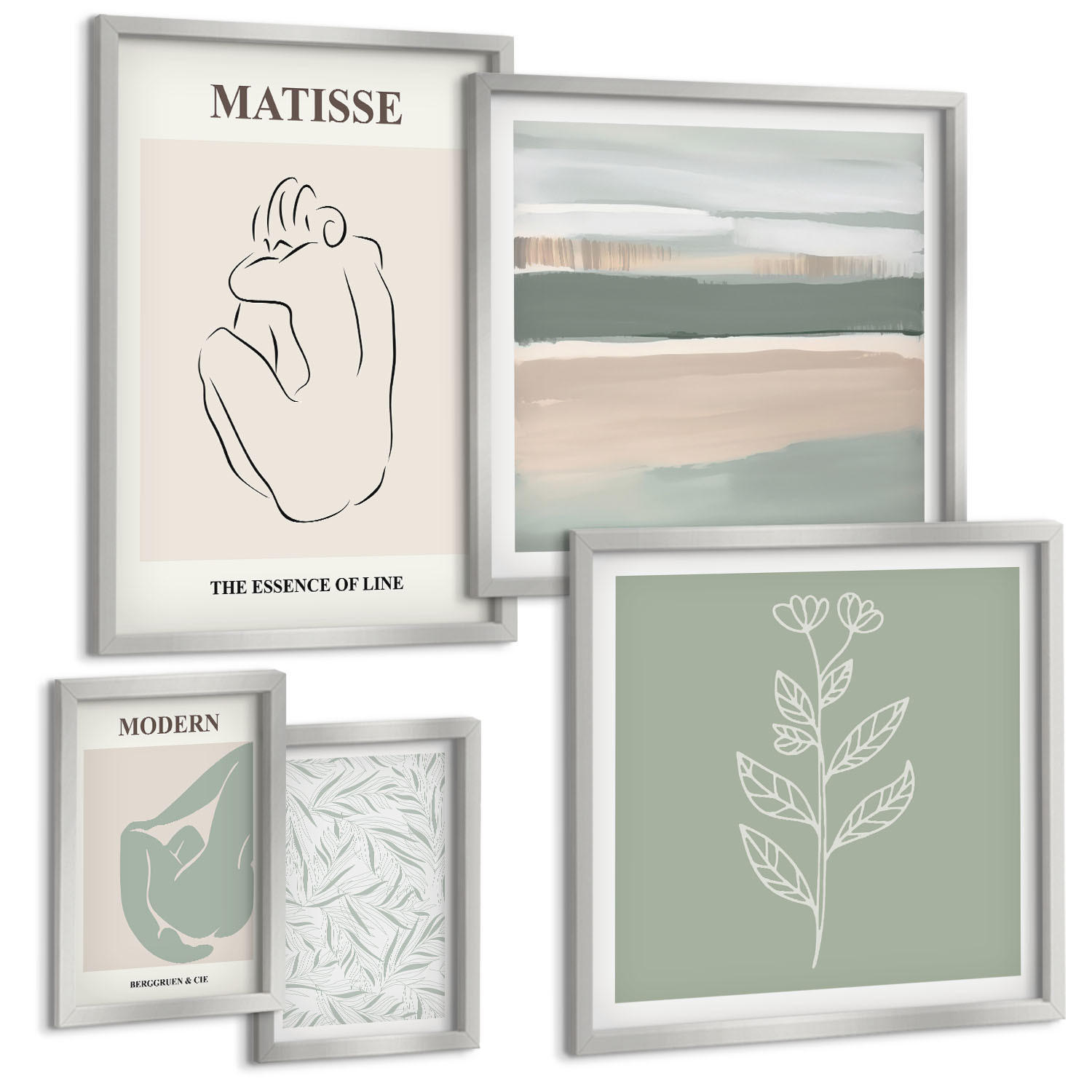 BILDER SET 5er Set - 50x50 cm & 20x30 cm & 40x60 cm Silberner Rahmen - Abstrakte Pflanzenformen - Silberfarben, Kunststoff (40/60cm) - TULUP