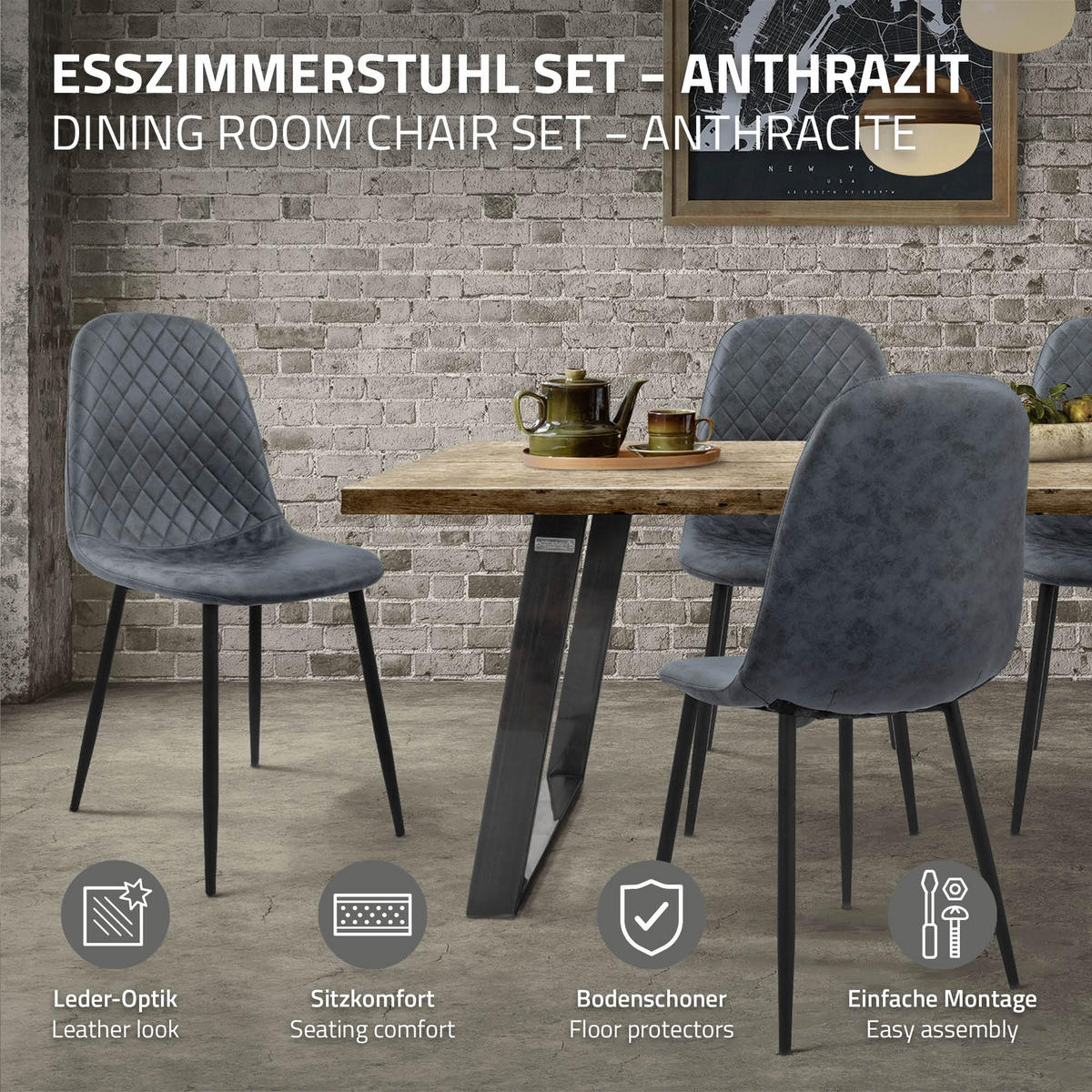 ESSZIMMERSTÜHLE 4er Set Anthrazit Kunstleder - Anthrazit/Schwarz, Textil/Metall (51/89/44cm) - ML-DESIGN