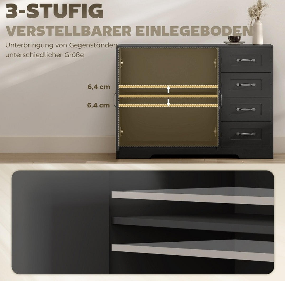 SIDEBOARD 105/40/76 cm schwarz aus Holzwerkstoff mit 4 Schubladen - Schwarz, Holz (105/76/40cm) - OKWISH