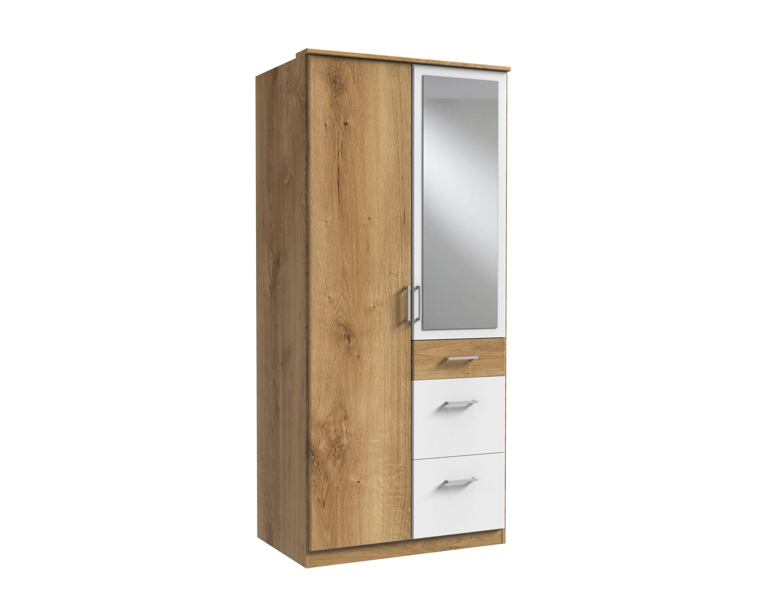 KLEIDERSCHRANK Click in Plankeneiche Weiß - 91 cm Breite mit Spiegel - Braun, Holzwerkstoff (91/199/58cm)